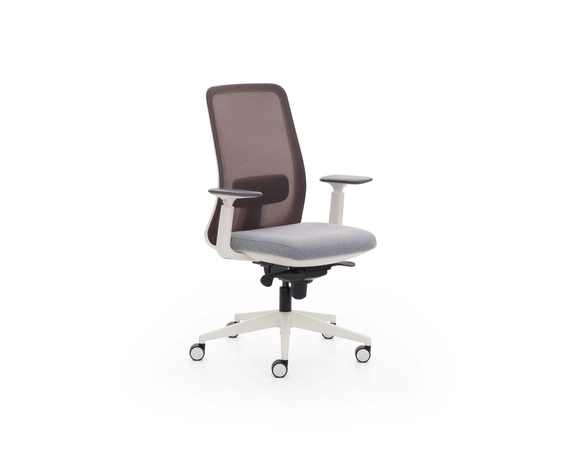 Gray office chair with mesh backrest on a white background