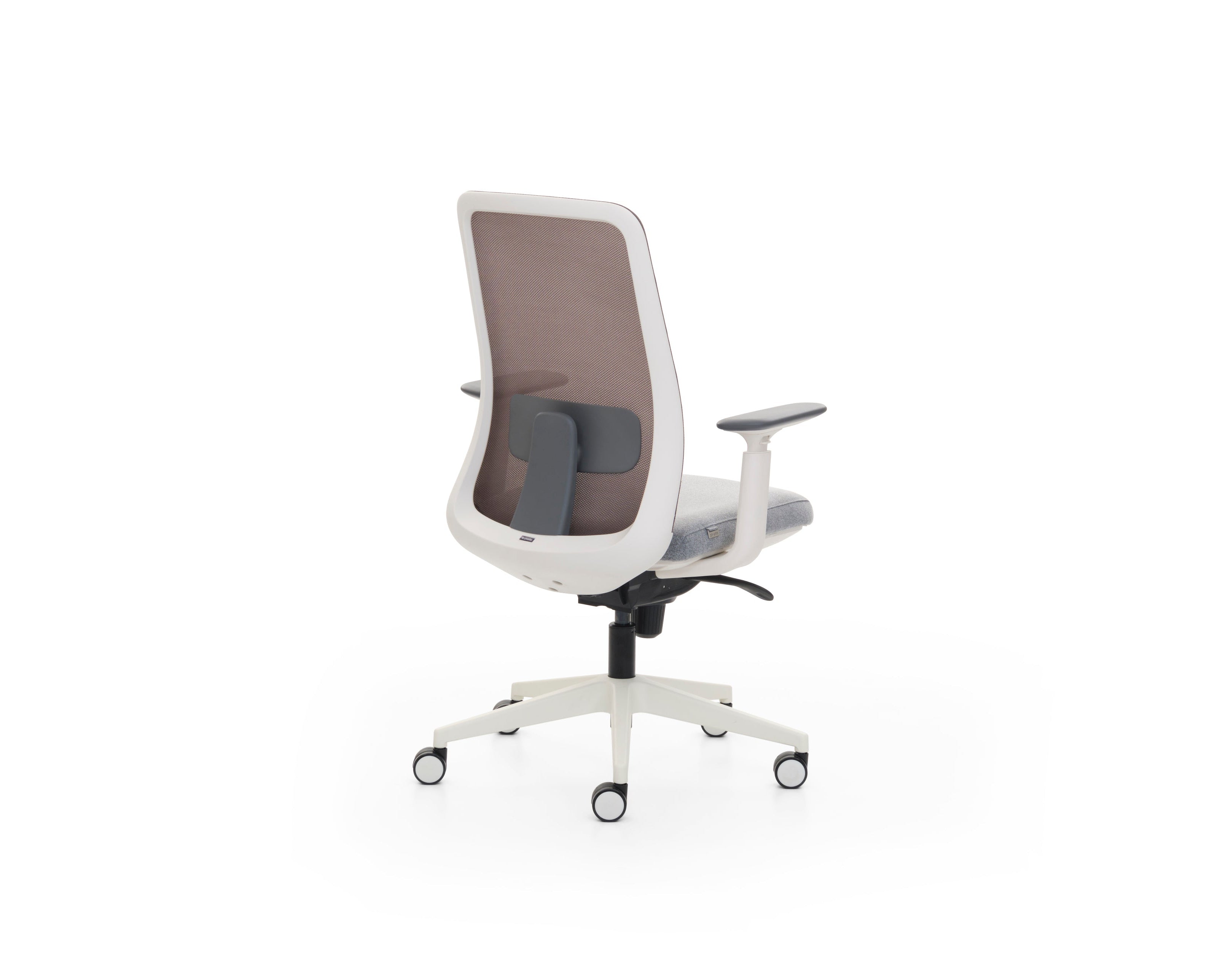 White office chair with gray mesh backrest on a white background