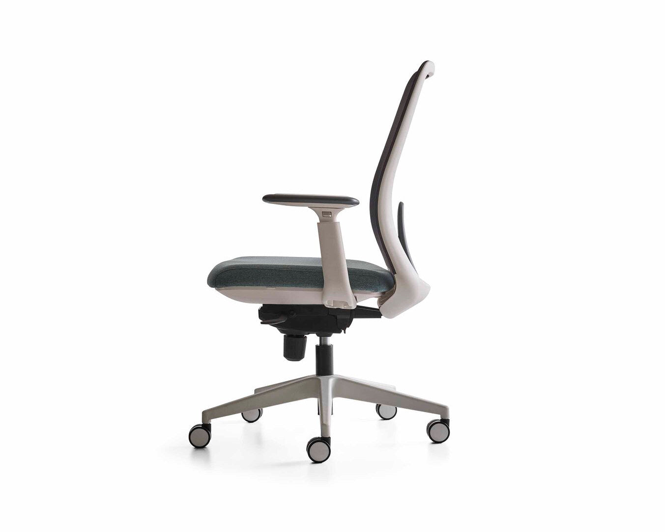 Modern office chair with a white backrest on a white background