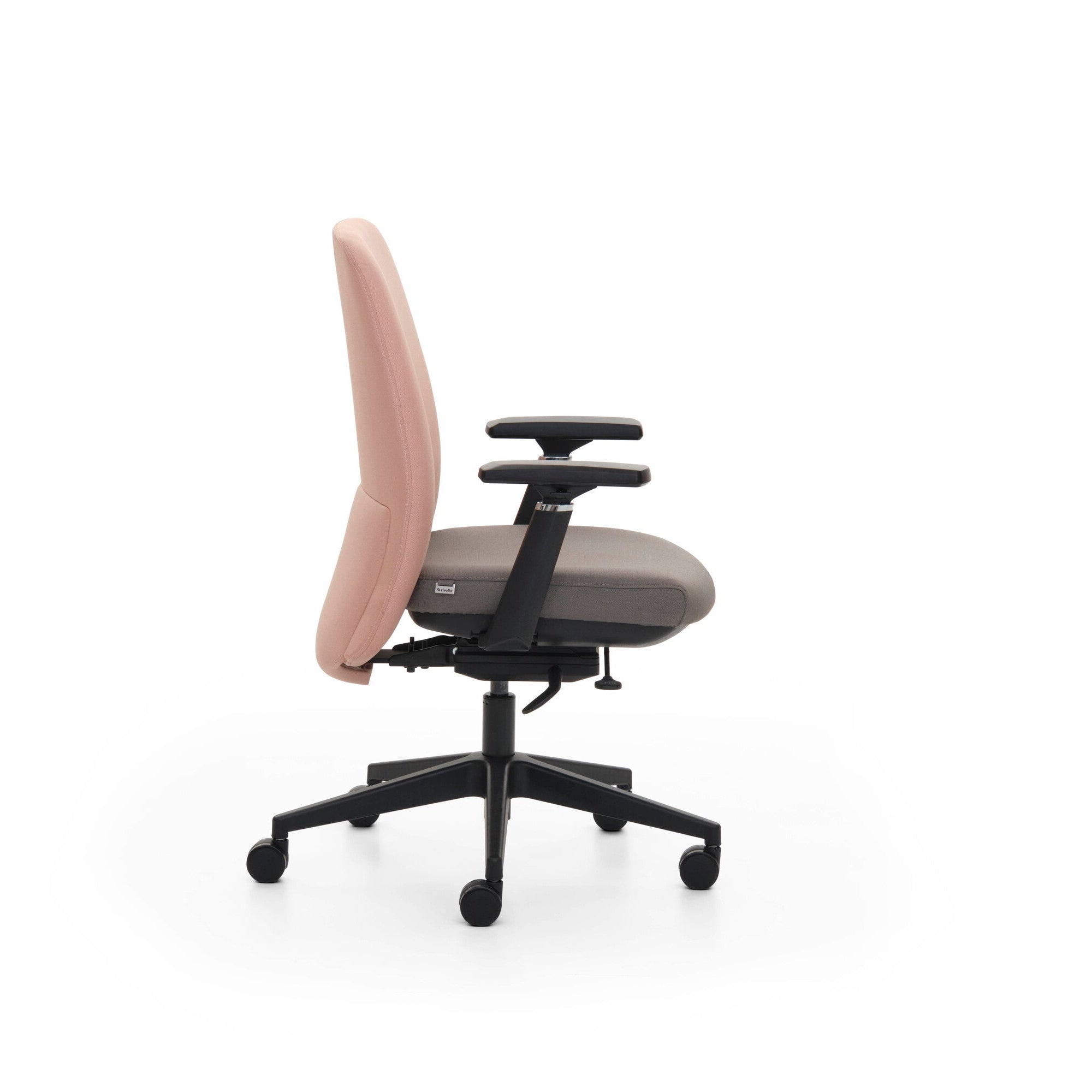 Ergonomic office chair with beige backrest and black base on a white background