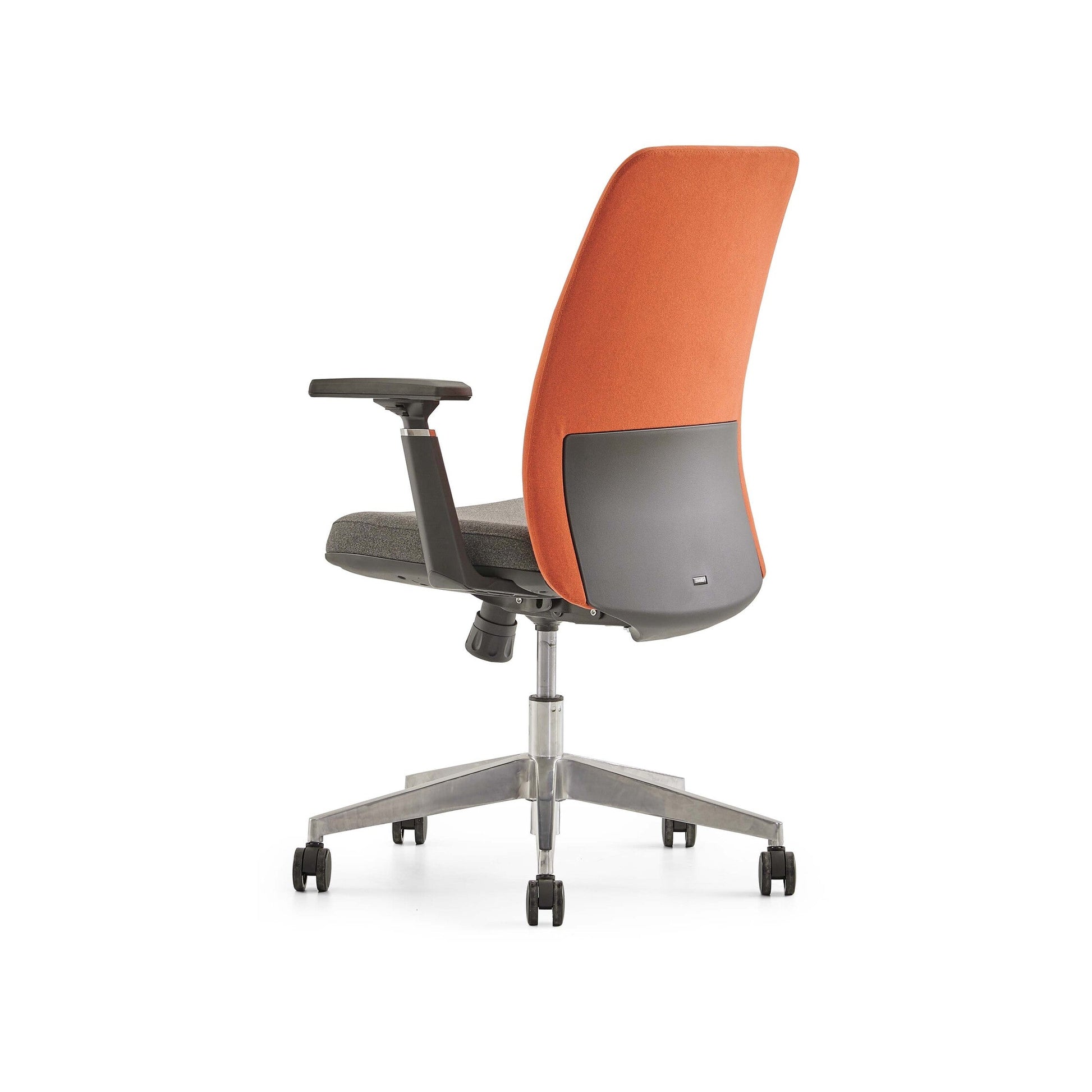 Modern office chair with orange backrest and gray seat on a white background