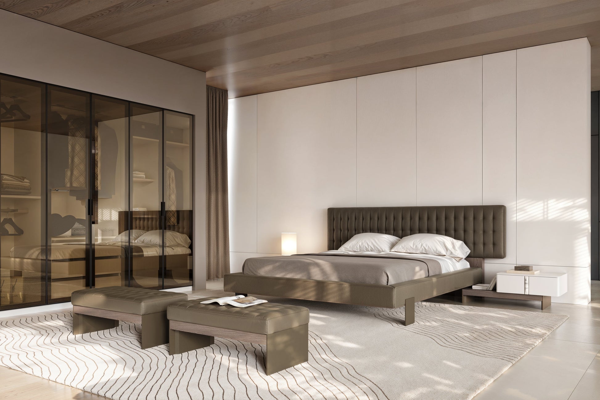 Modern bedroom with a bed, nightstands, and a wardrobe.
