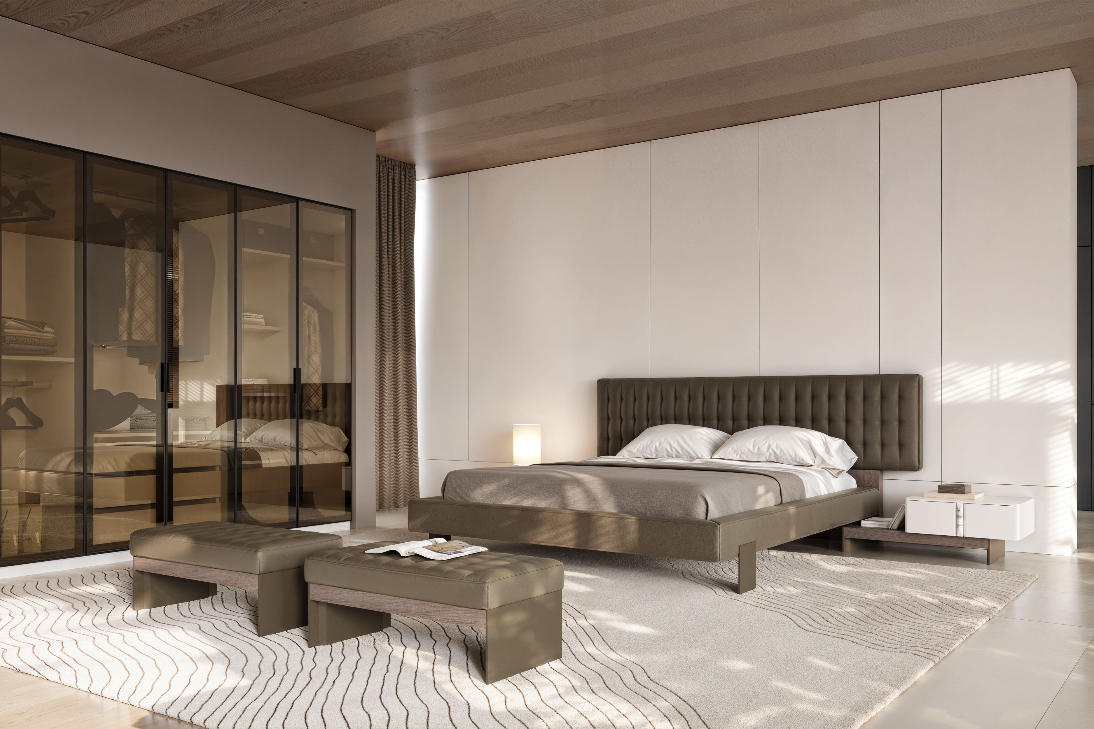 Modern bedroom with a bed, nightstands, and a wardrobe.