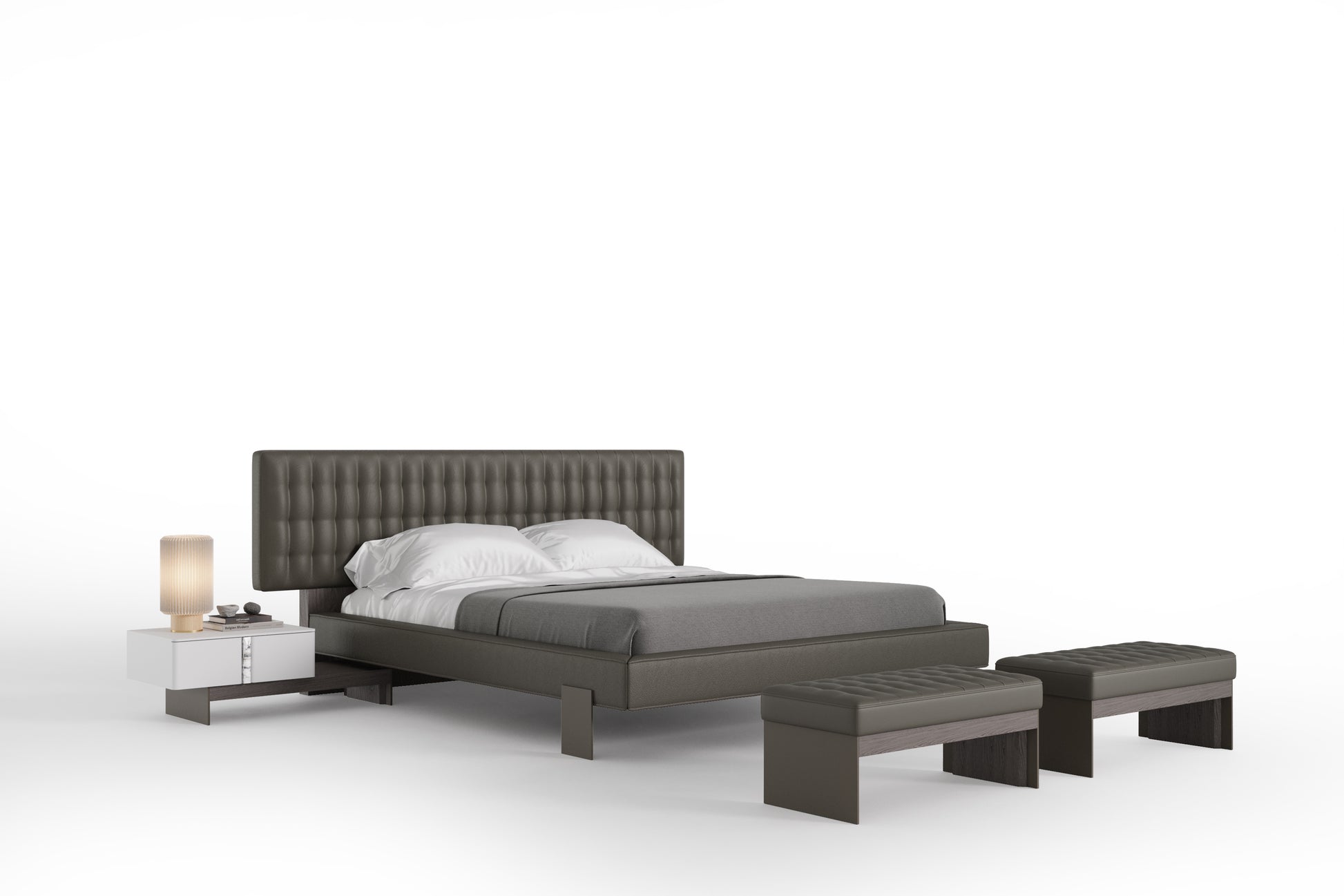 Modern bedroom set with bed, nightstand, and bench on a white background