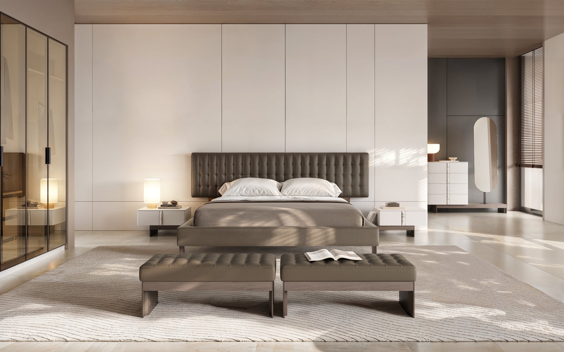 Modern bedroom with a large bed and stylish decor