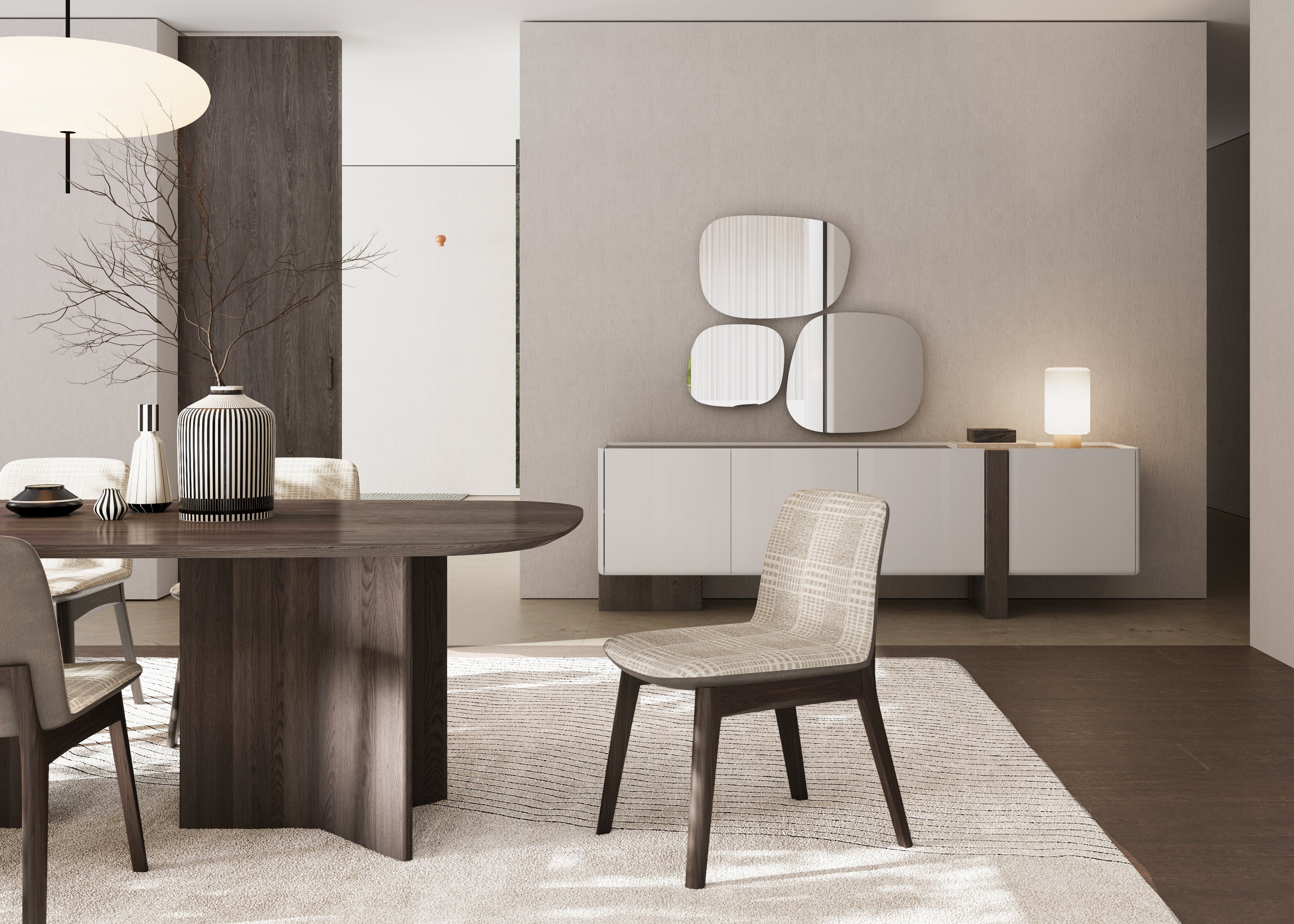 Modern dining room with wooden table and chairs, neutral decor.