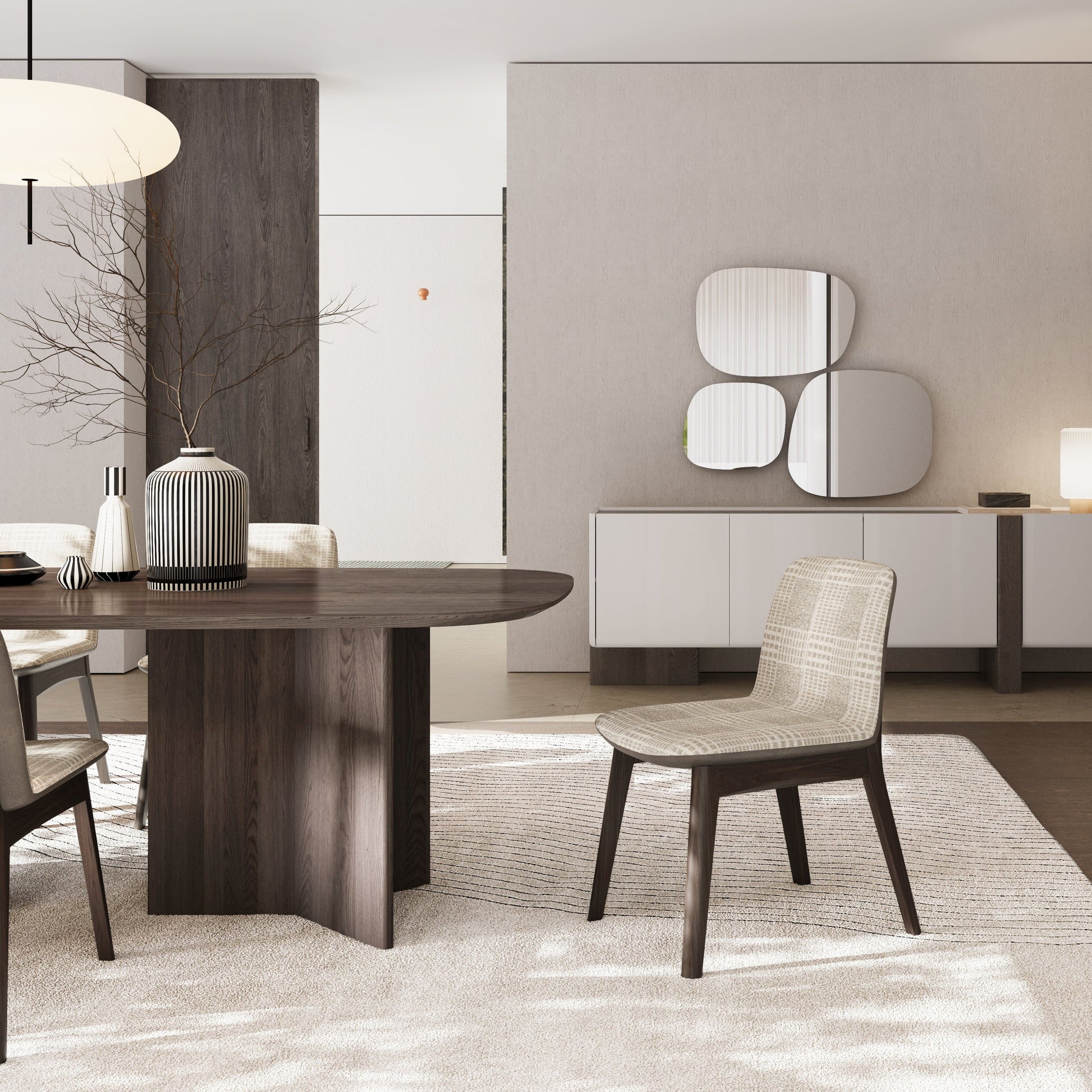 Modern dining room with wooden table and chairs, neutral decor, and wall mirrors.