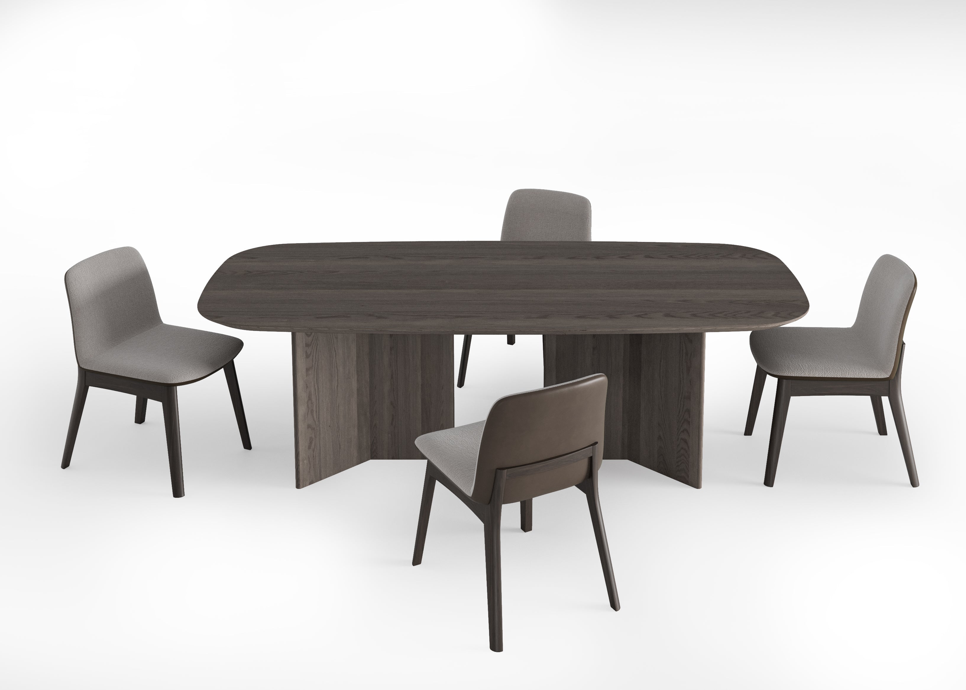Dining table with four matching chairs on a white background