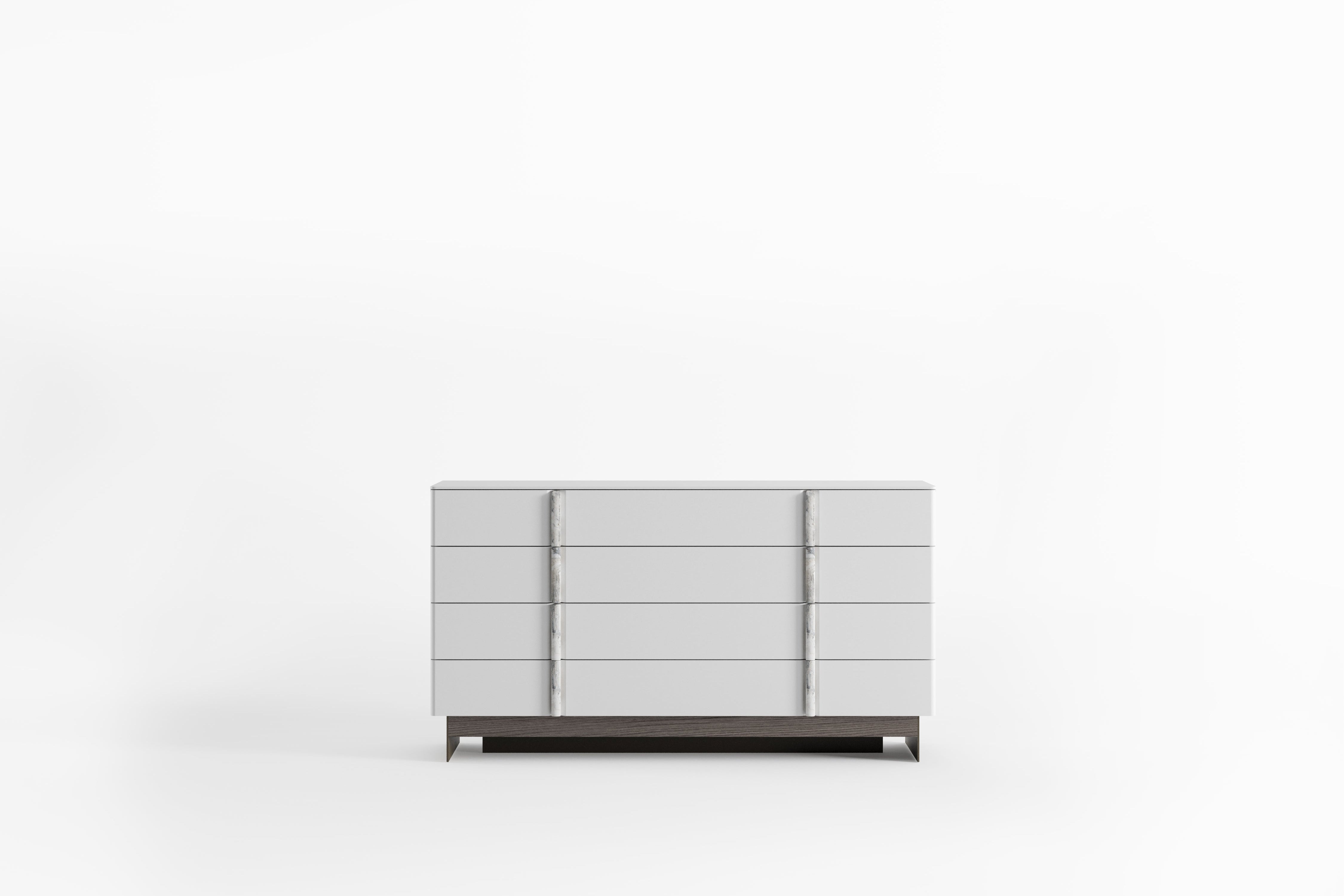 Modern dresser with multiple drawers on a white background