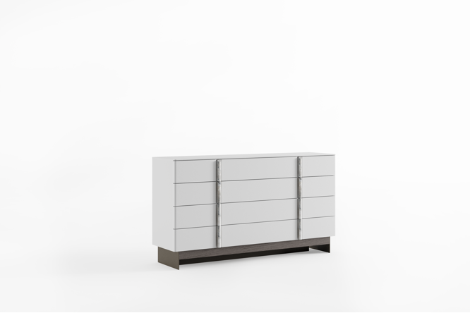 Modern dresser with glass panels on a white background