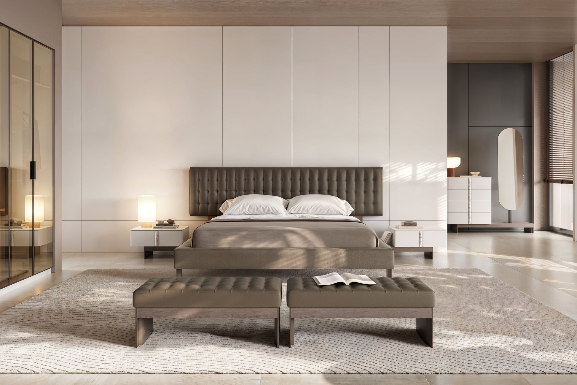 Modern bedroom with a large bed and stylish decor