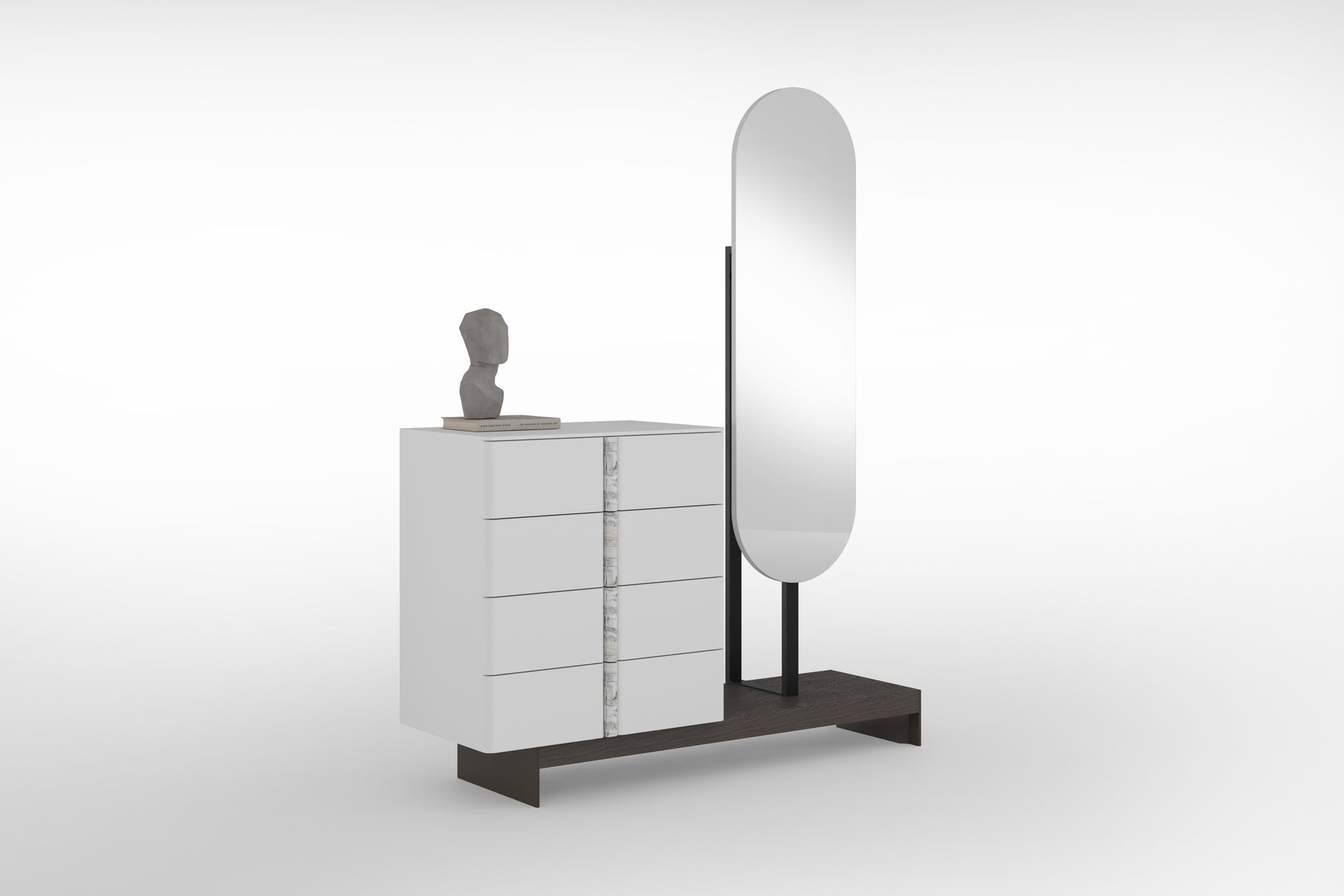 White dresser with a tall mirror on a white background
