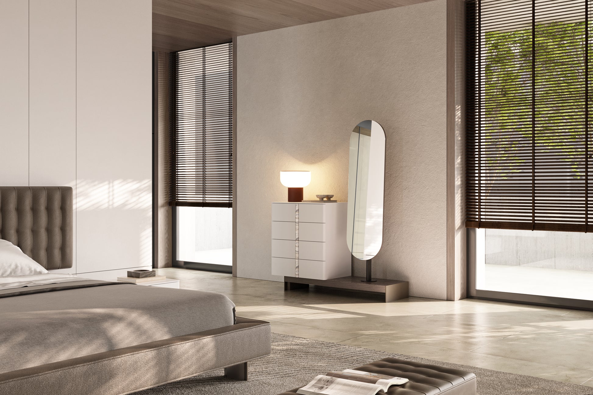 Modern bedroom with a bed, dresser, and mirror.