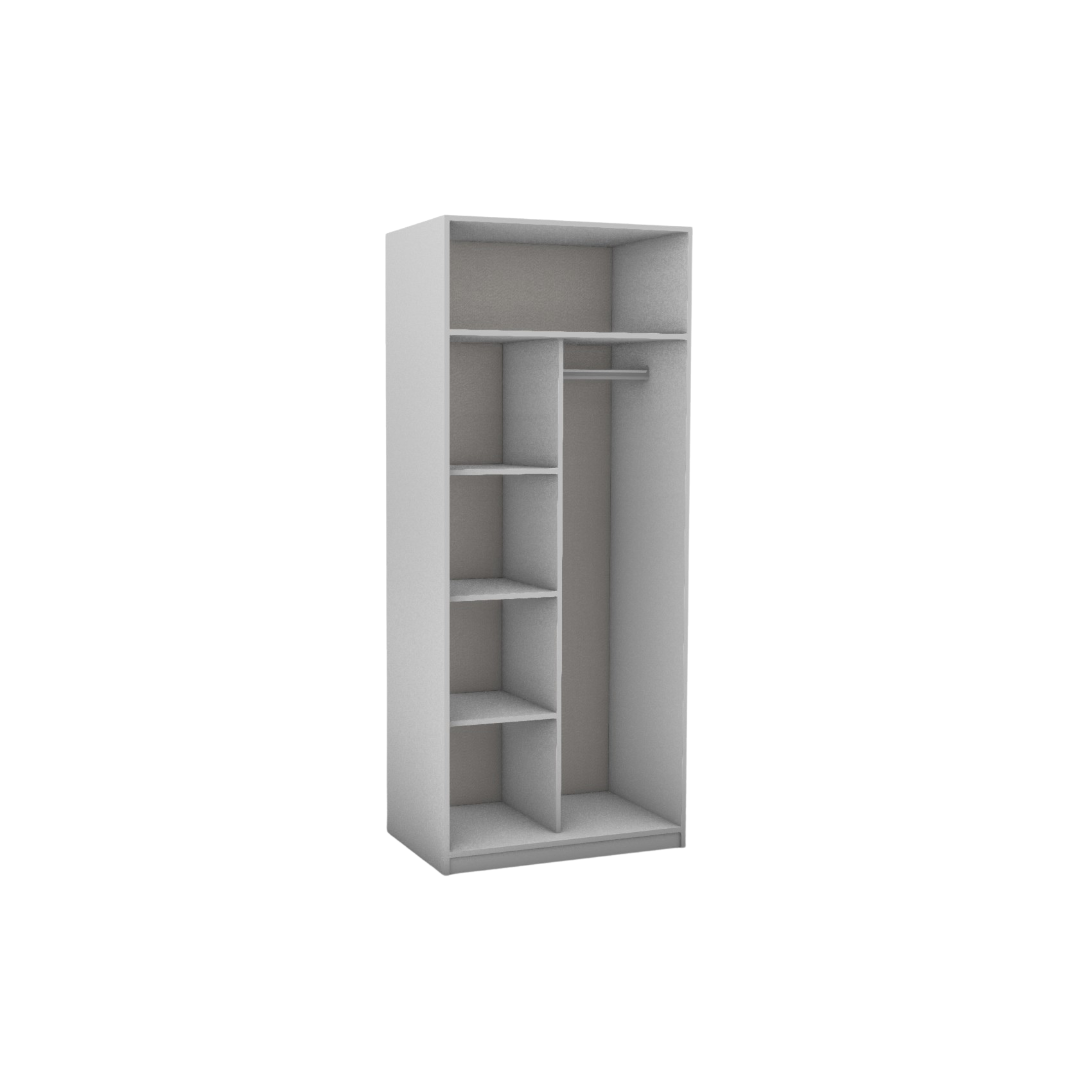 Gray wardrobe with shelves and a hanging rod on a white background