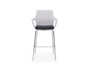 Modern bar stool with a white backrest and black seat on a white background