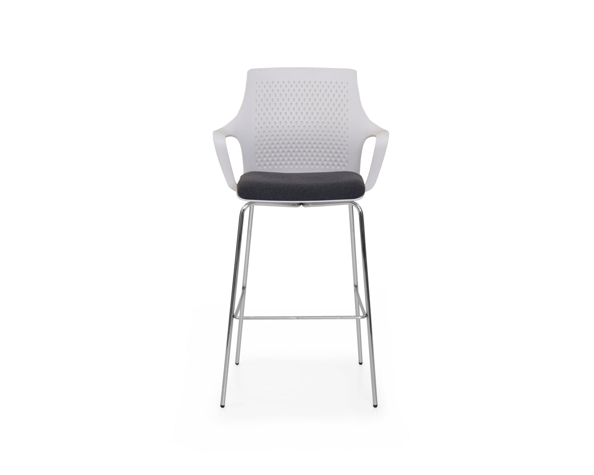 Modern bar stool with a white backrest and black seat on a white background