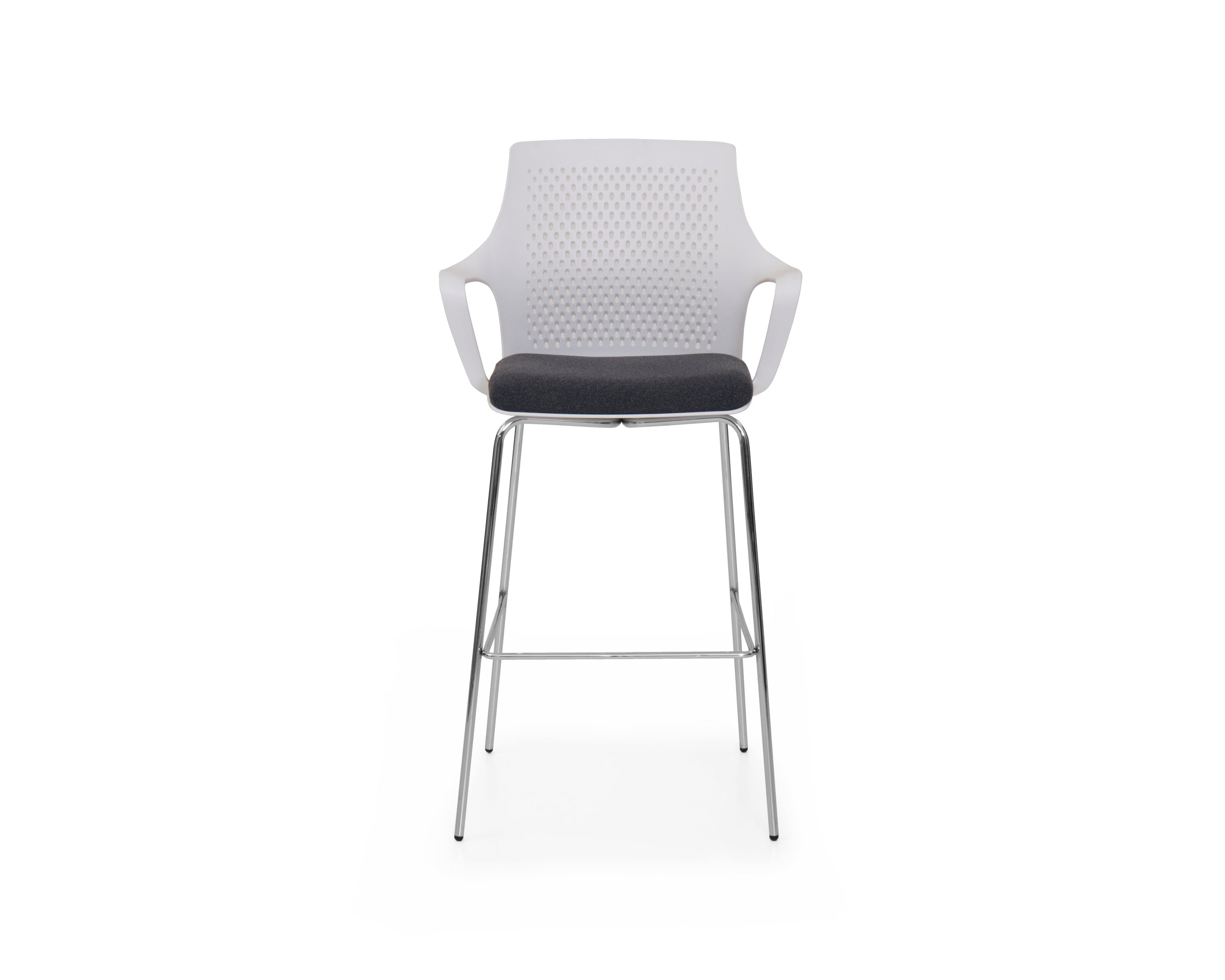 Modern bar stool with a white backrest and black seat on a white background