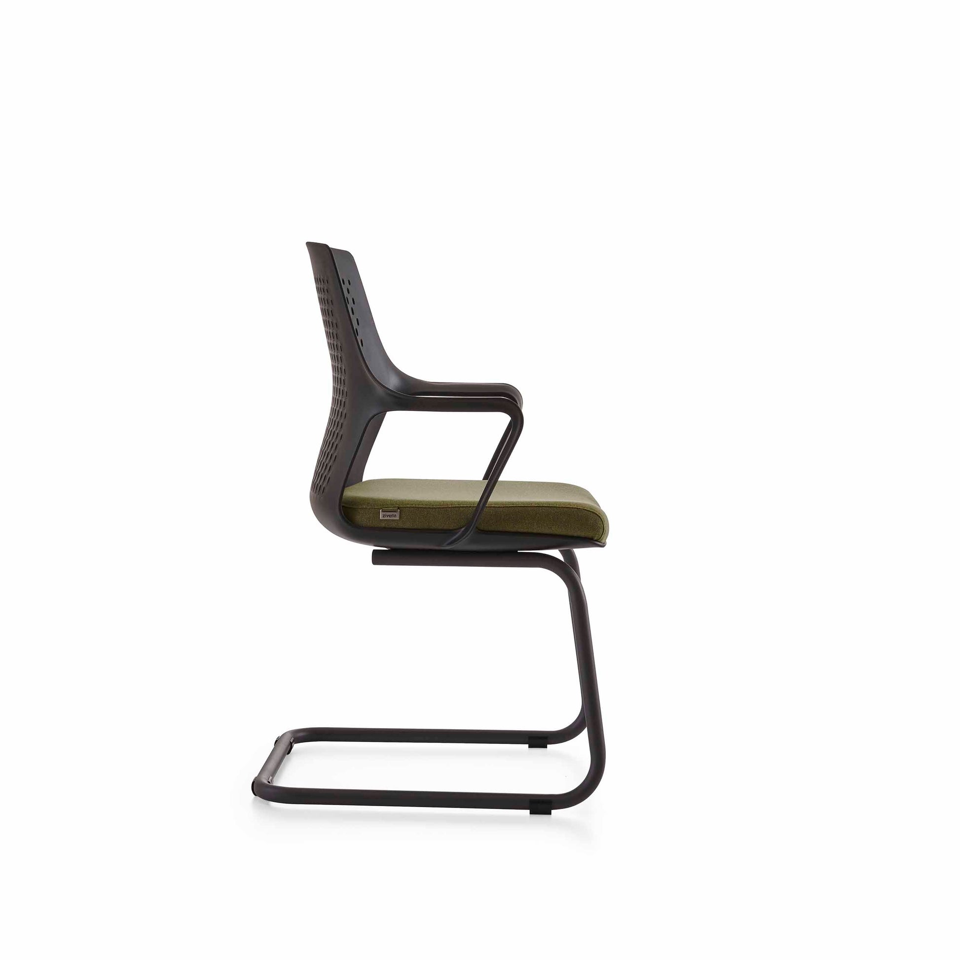 Chair with black frame and green cushion on a white background