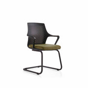Modern office chair with mesh back and green cushion on a white background