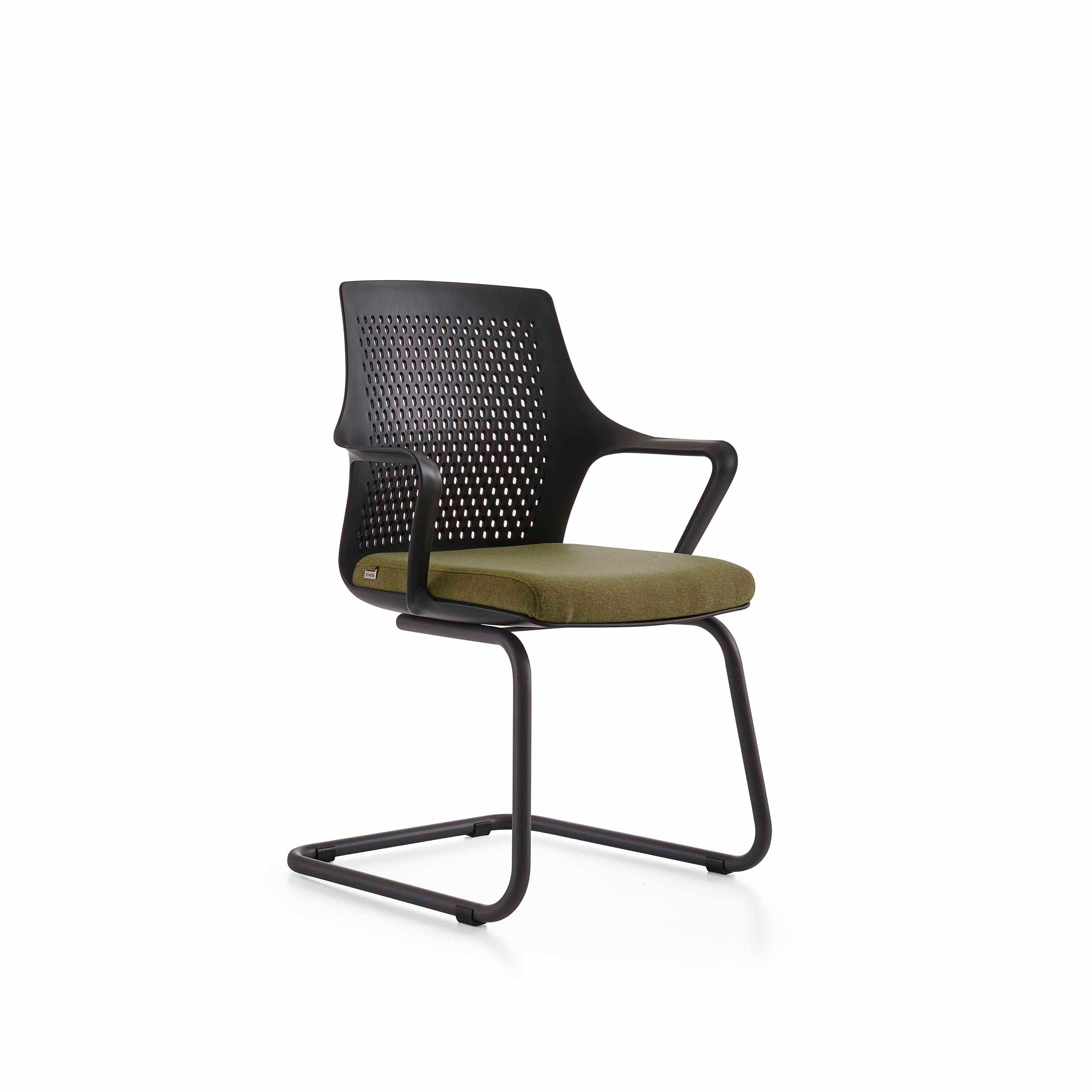 Modern office chair with mesh back and green cushion on a white background
