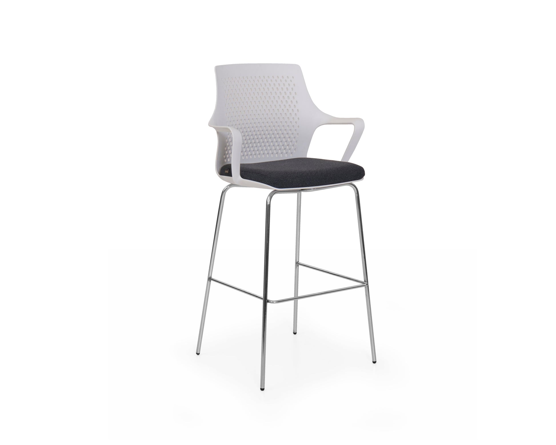 Bar stool with a white mesh backrest and black seat on a white background