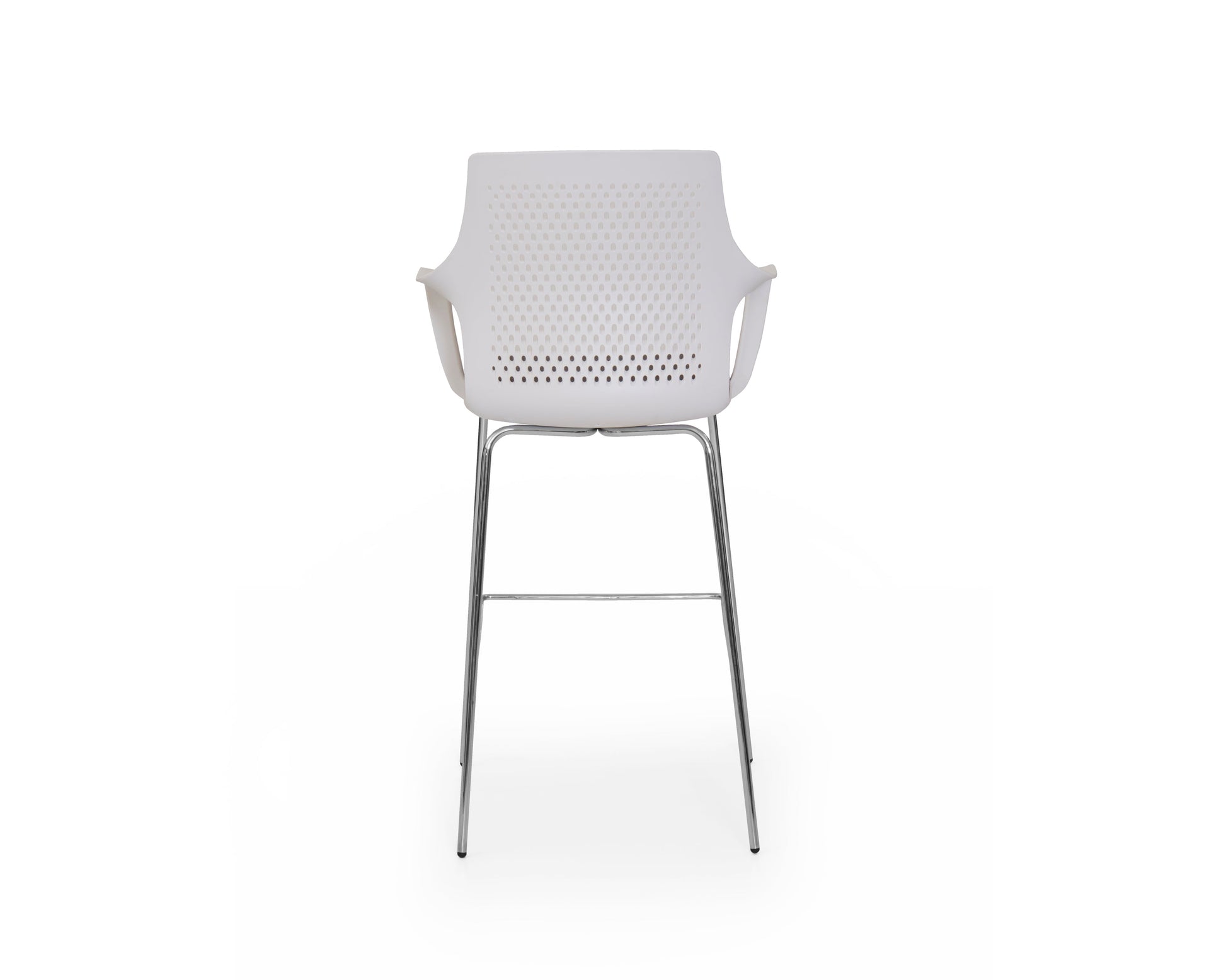 White bar stool with a perforated backrest on a white background