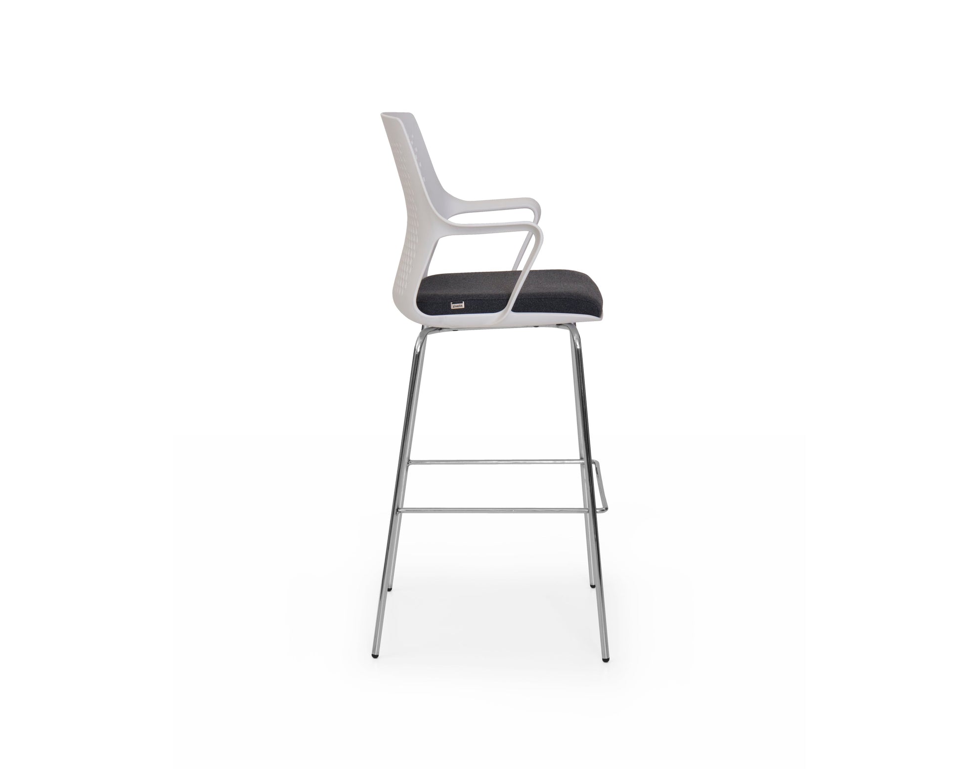 Bar stool with black seat and silver frame on a white background