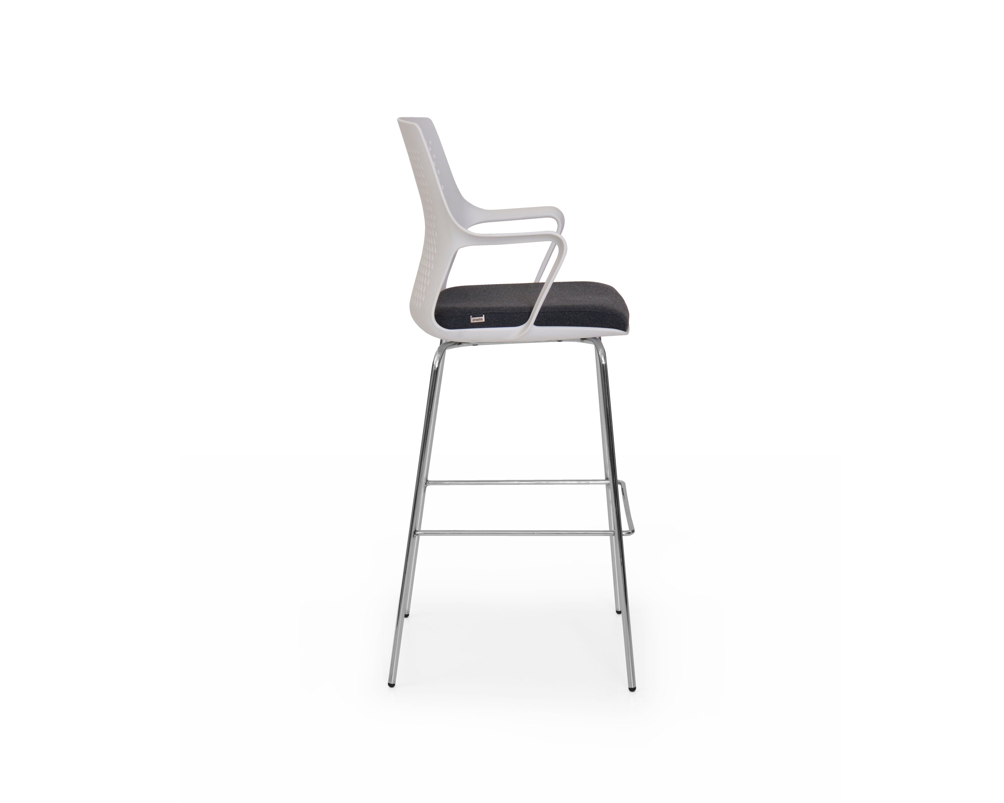 Bar stool with black seat and silver frame on a white background