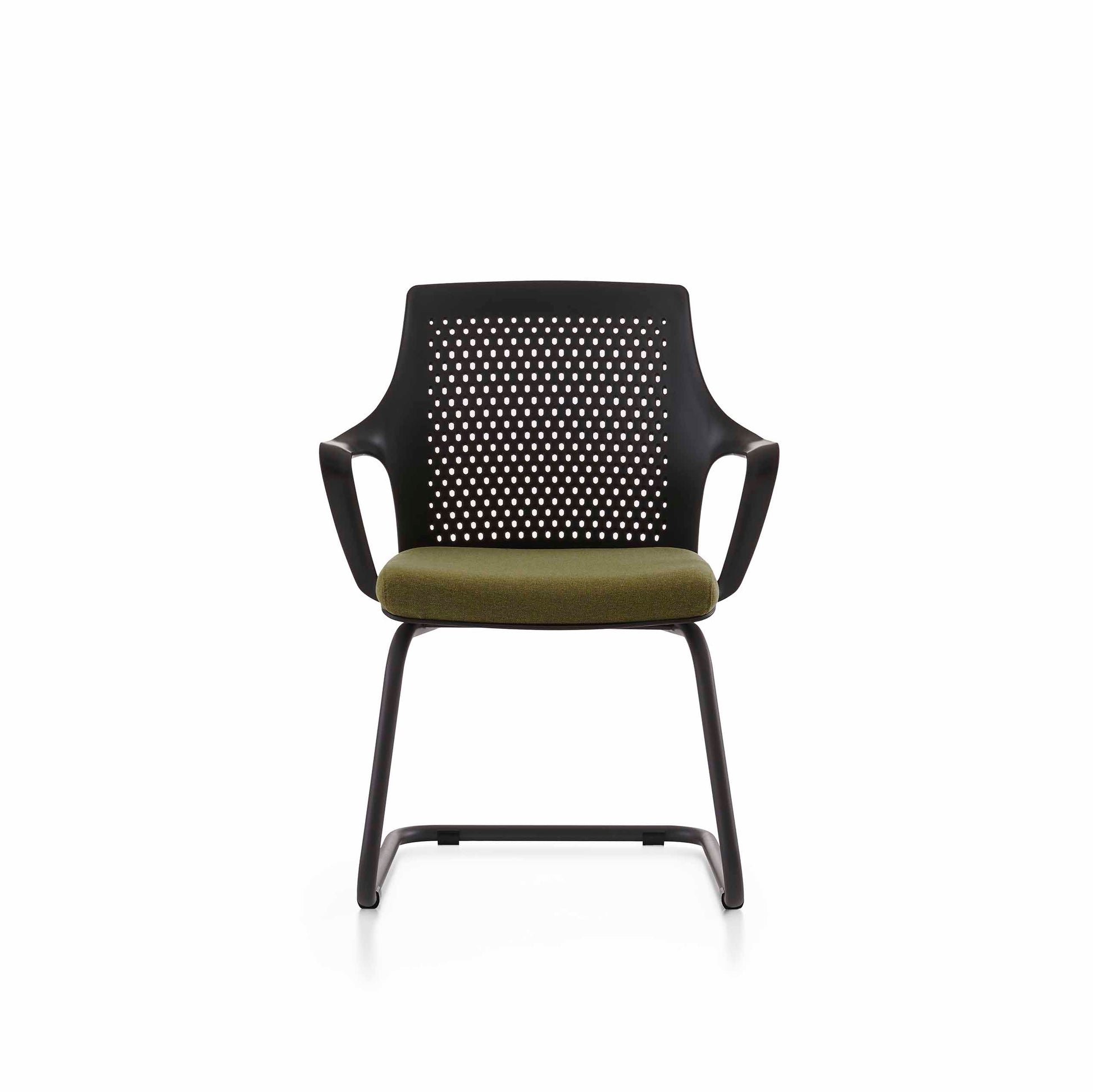 Modern chair with perforated backrest and green cushion on a white background