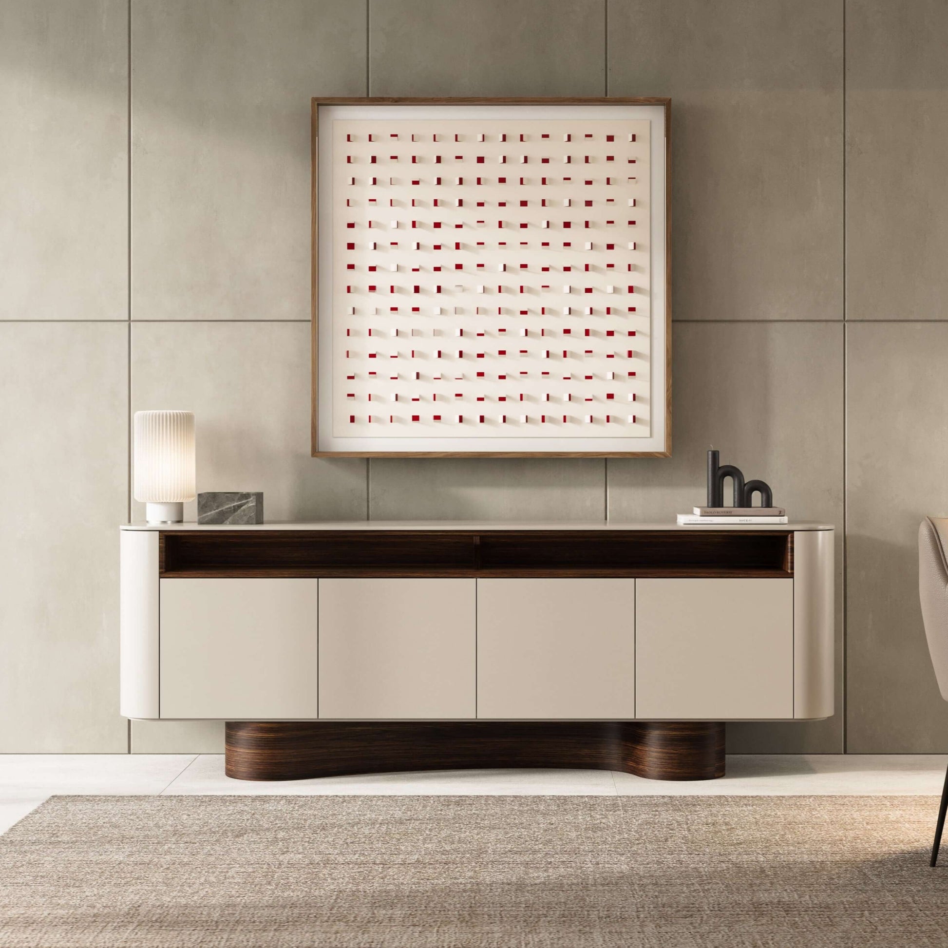Flow Sideboard - Contemporary Curved Unit in Livingroom with curved lacquered facade, rich wood base, and open display shelf. Elegant modern design combining sculptural form and practical storage.