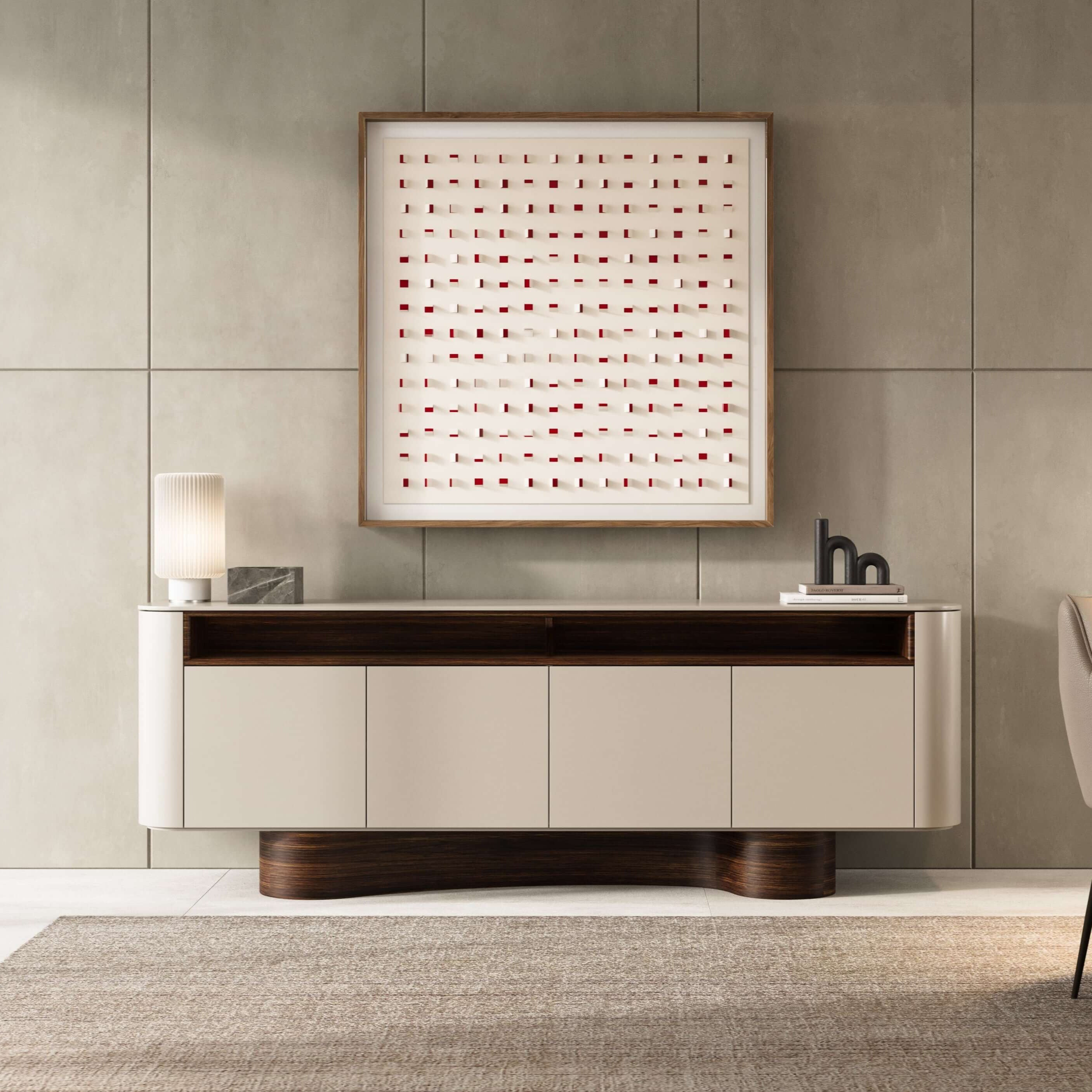 Flow Sideboard - Contemporary Curved Unit in Livingroom with curved lacquered facade, rich wood base, and open display shelf. Elegant modern design combining sculptural form and practical storage.