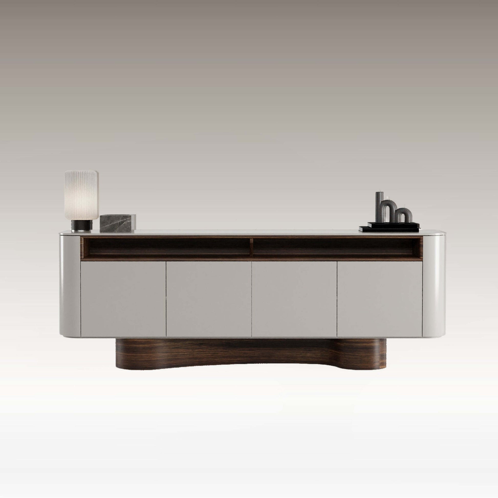 Flow Sideboard - Contemporary Curved Unit in Livingroom with curved lacquered facade, rich wood base, and open display shelf. Elegant modern design combining sculptural form and practical storage.