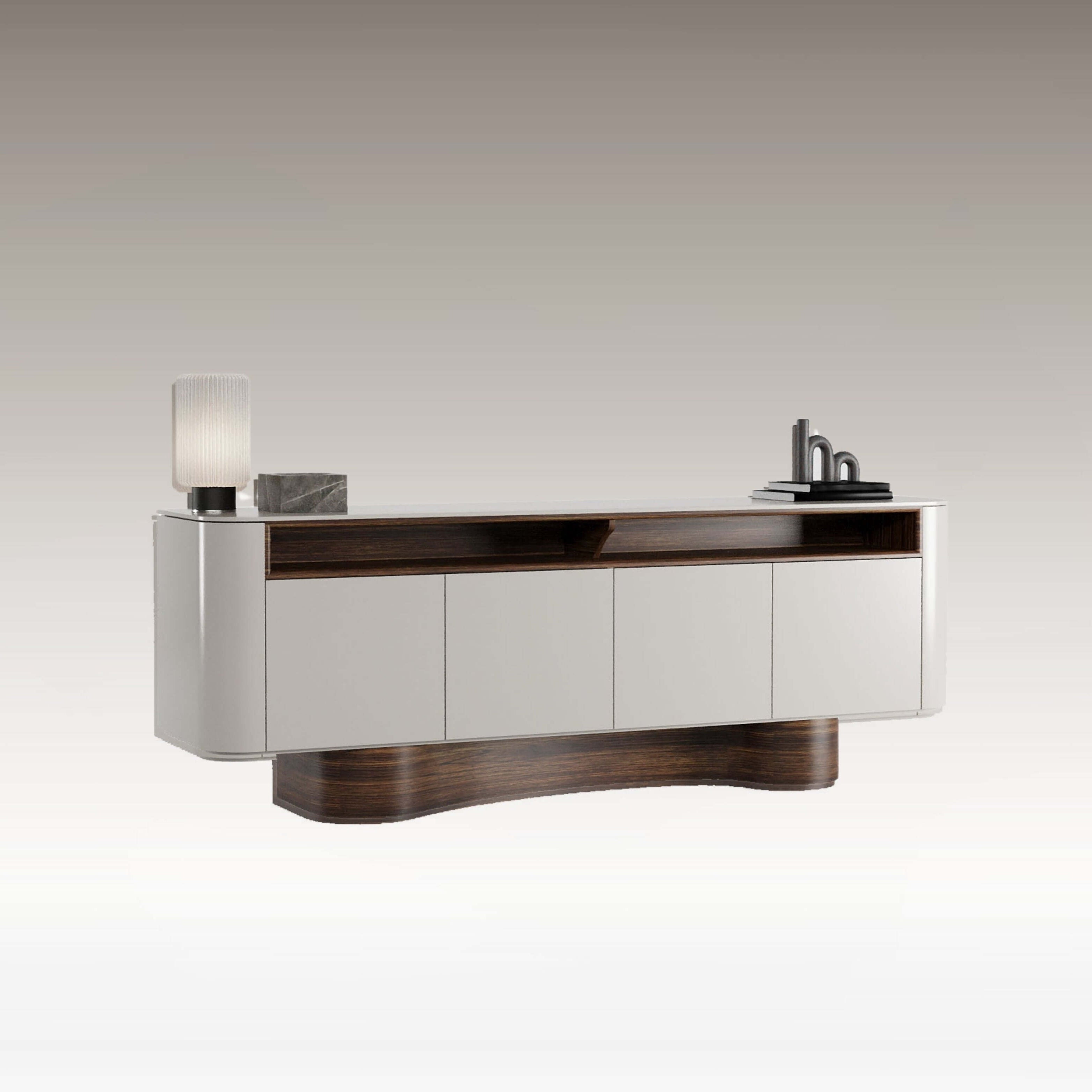 Flow Sideboard - Contemporary Curved Unit in Livingroom with curved lacquered facade, rich wood base, and open display shelf. Elegant modern design combining sculptural form and practical storage.