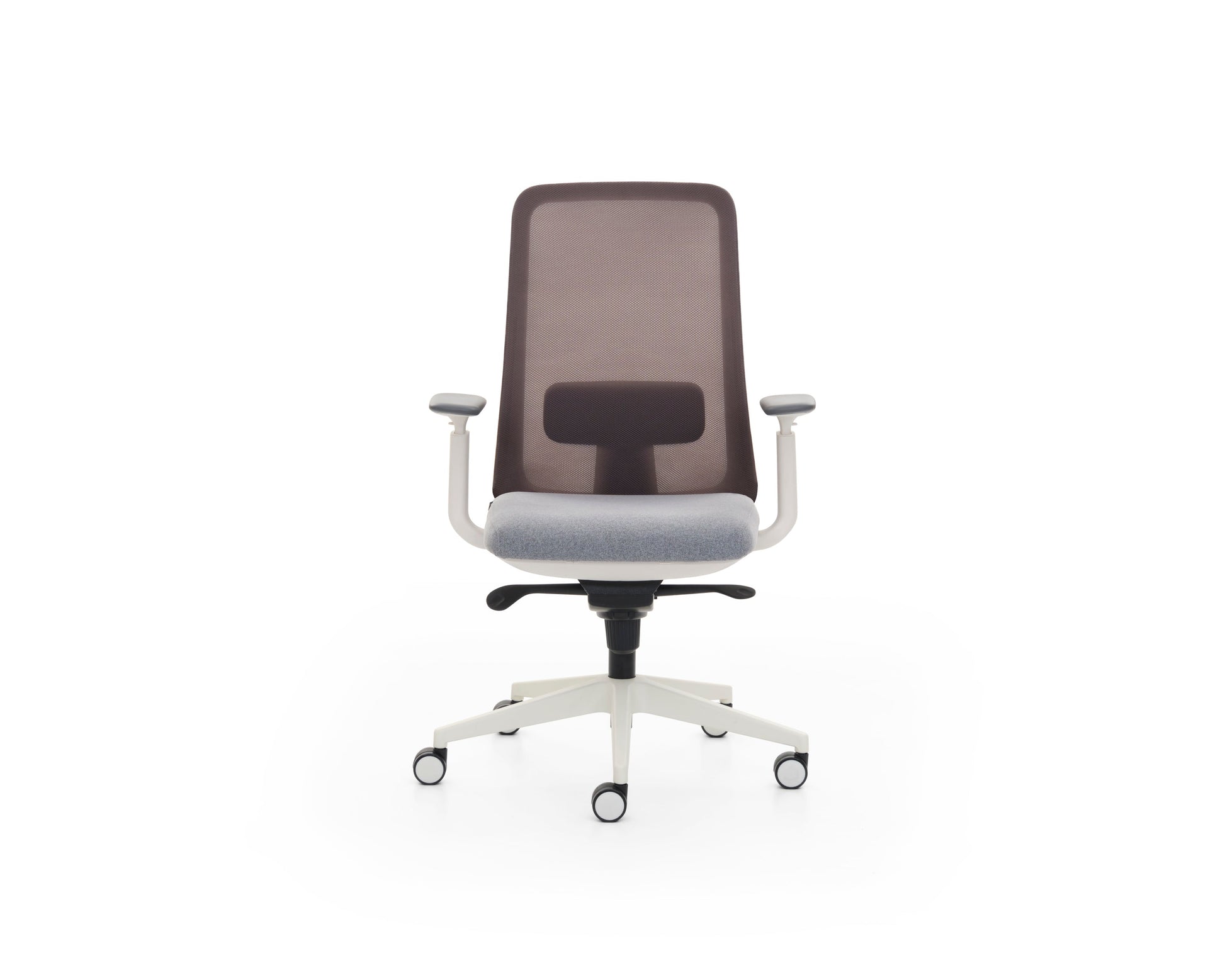 Ergonomic office chair with mesh backrest on a white background