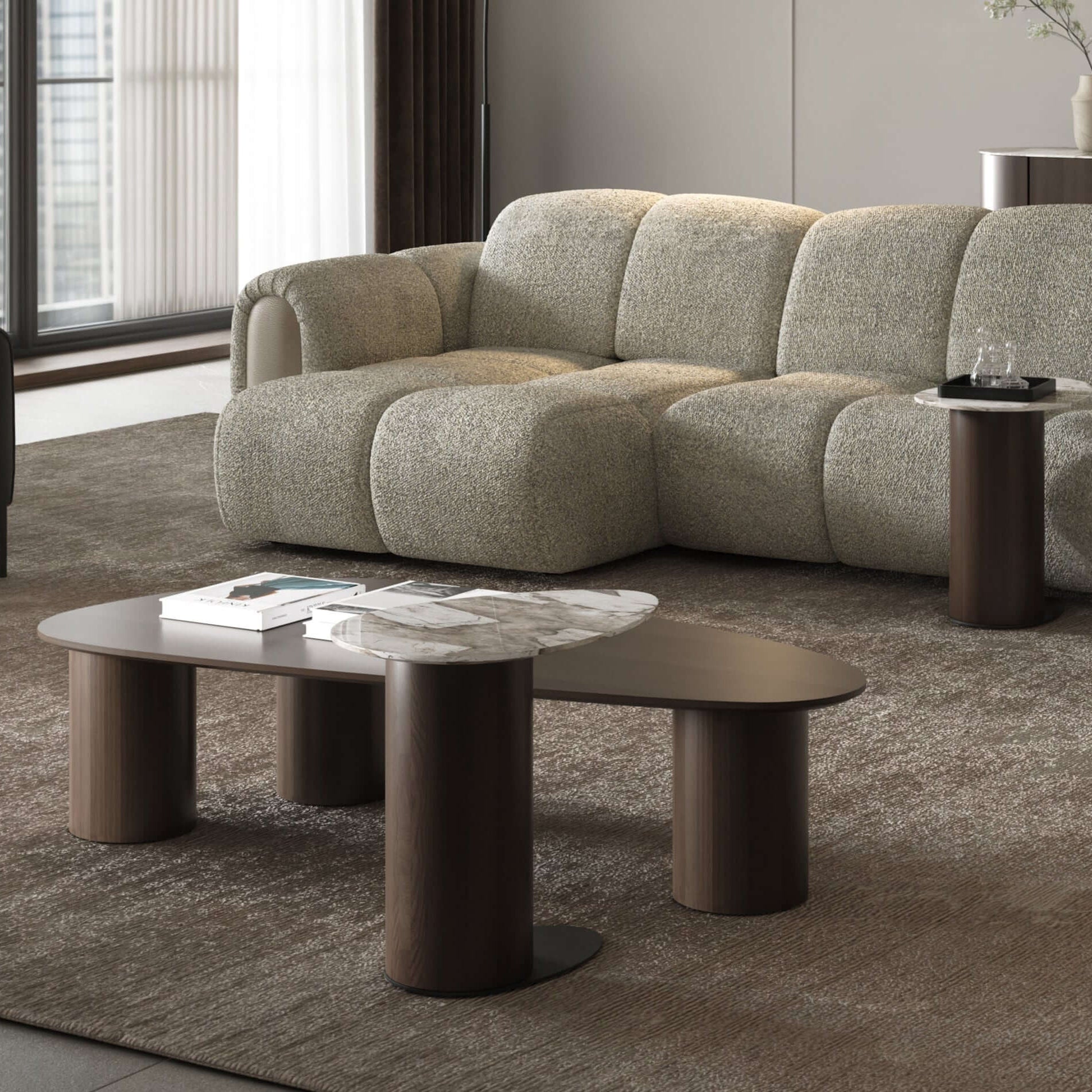 Gamma Coffee Table Set in modern living room – 3-piece coffee table set with wood and ceramic tops CANAPY FURNITURE