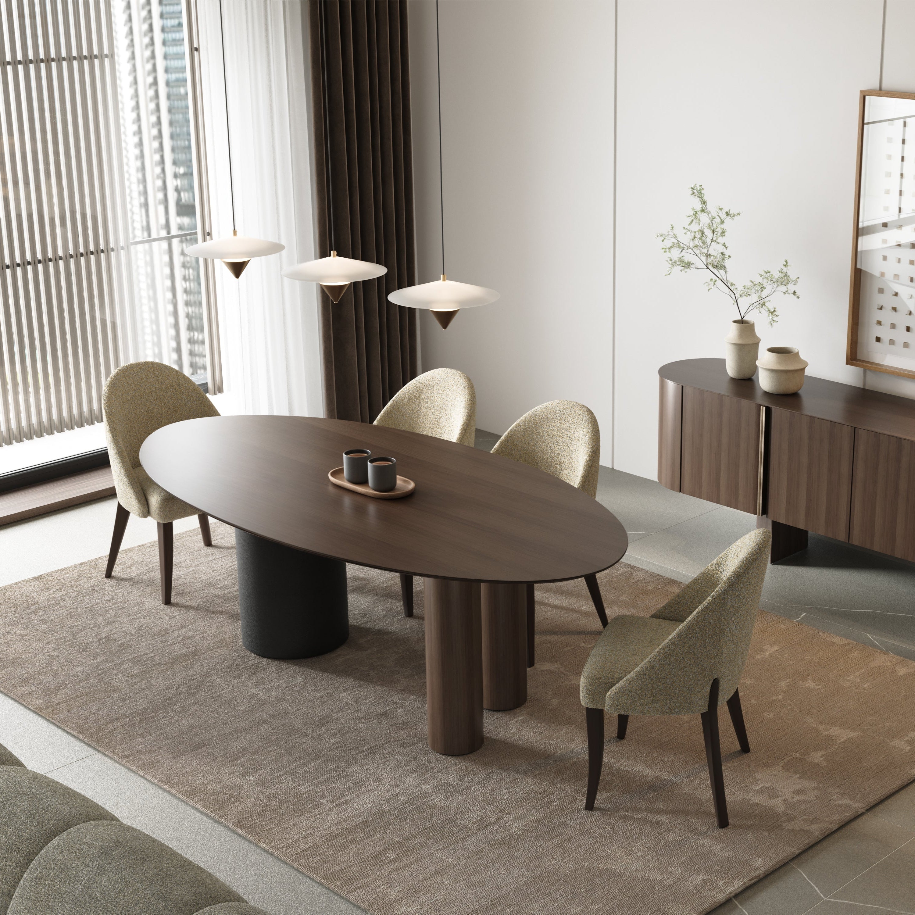 Modern Gamma Ceramic & Wood Dining Table with sculptural base and stylish chairs in a contemporary dining room.
