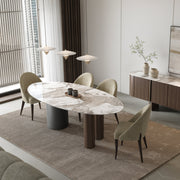 Modern dining room featuring a Gamma Ceramic Wood Dining Table with elegant chairs and stylish decor.
