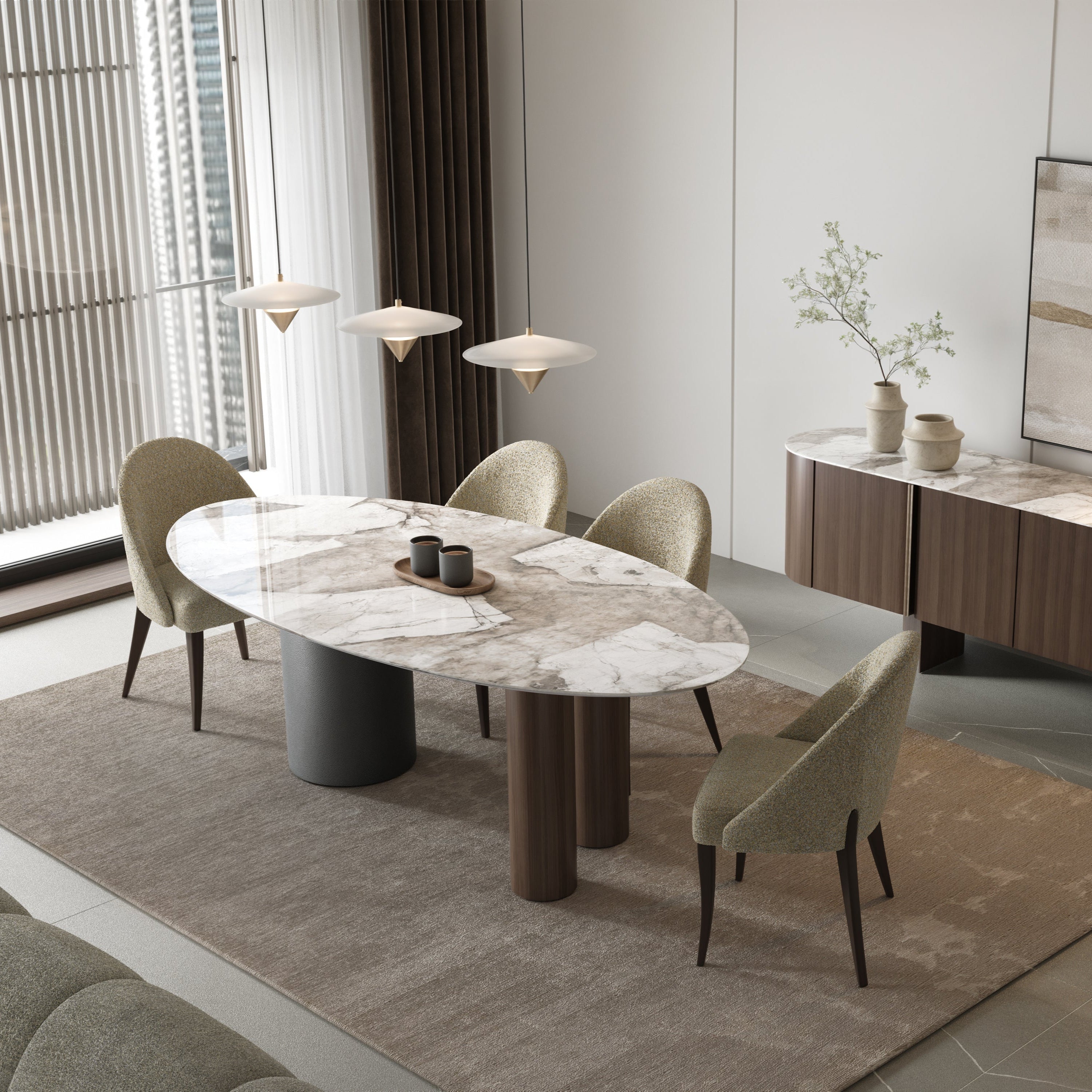 Modern dining room featuring a Gamma Ceramic Wood Dining Table with elegant chairs and stylish decor.