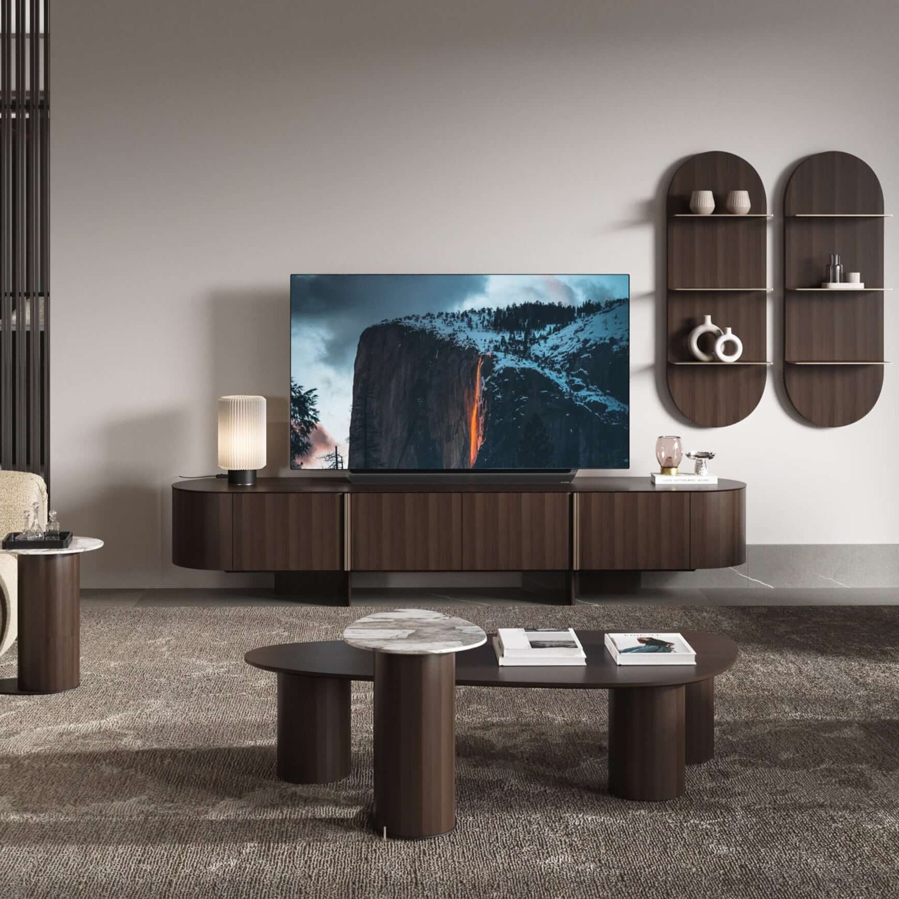 Gamma Coffee Table Set in modern living room – 3-piece coffee table set with wood and ceramic tops Gamma TV Unit Canapy Furniture