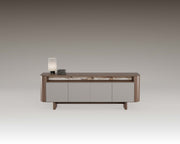 Homes Sideboard - Modern Wood Unit with smooth wood frame, soft-toned lacquered doors, and open shelf with stone-look backing. Contemporary design combining warmth and functionality.