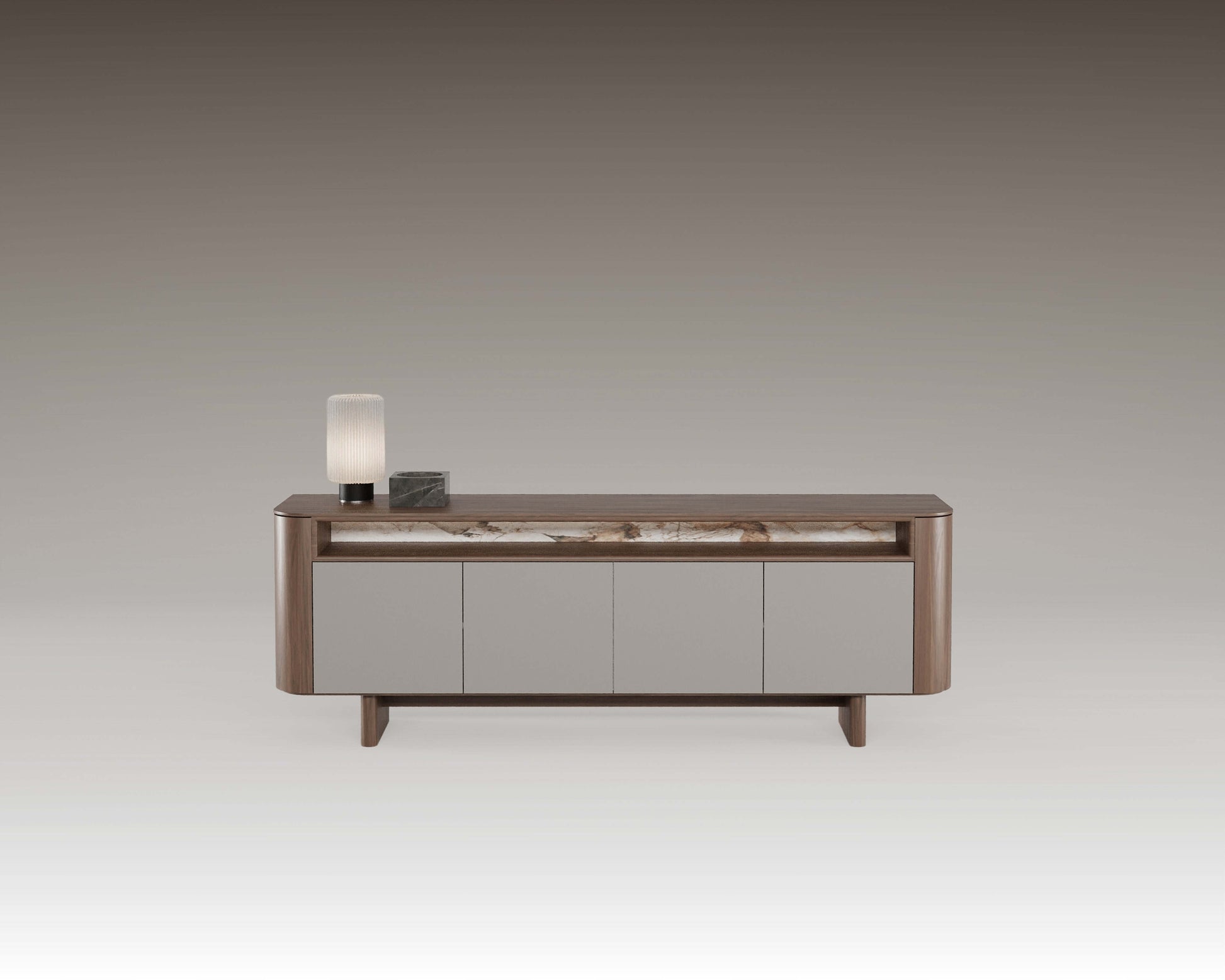 Homes Sideboard - Modern Wood Unit with smooth wood frame, soft-toned lacquered doors, and open shelf with stone-look backing. Contemporary design combining warmth and functionality.