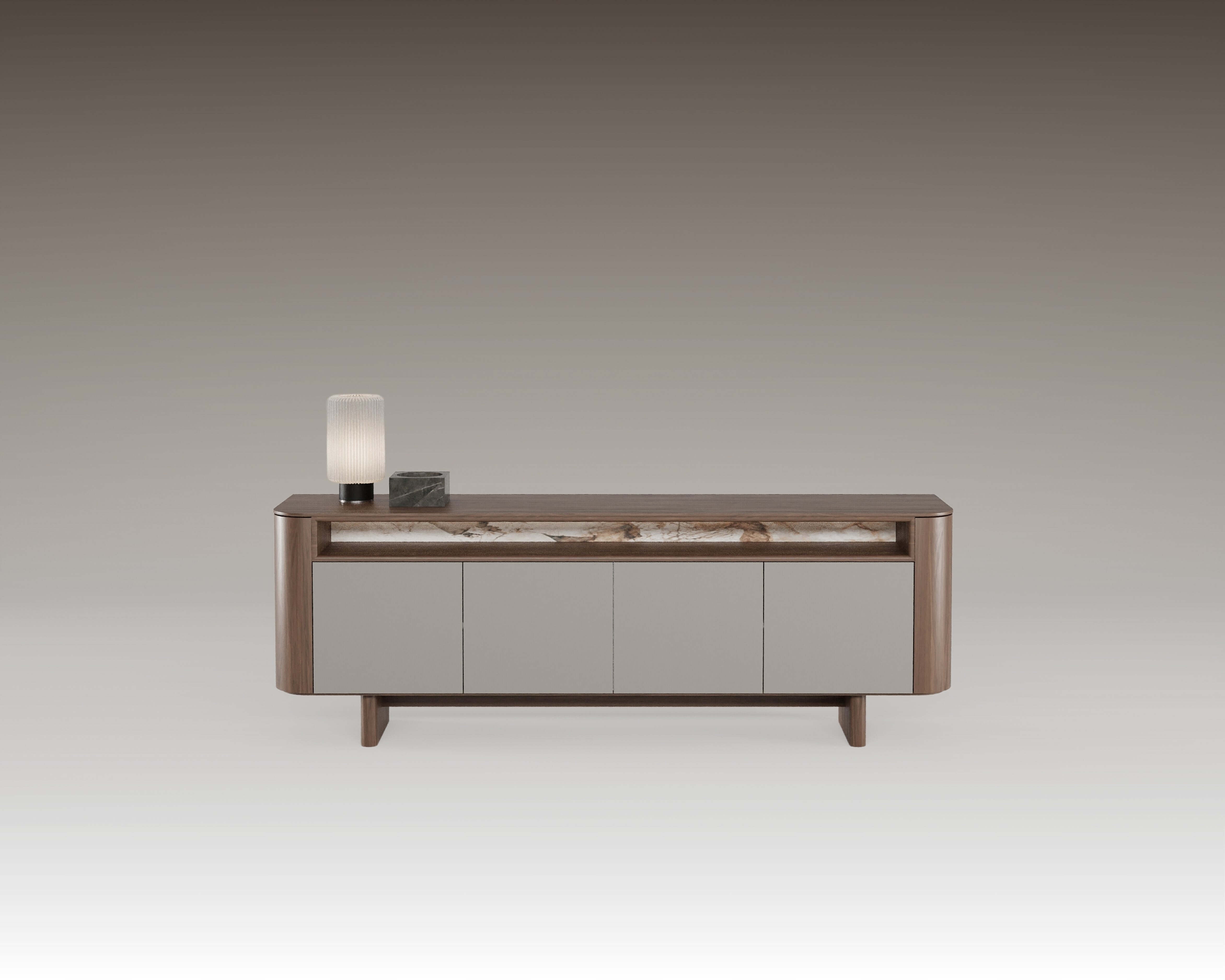 Homes Sideboard - Modern Wood Unit with smooth wood frame, soft-toned lacquered doors, and open shelf with stone-look backing. Contemporary design combining warmth and functionality.