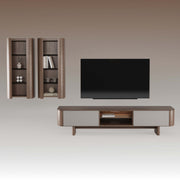Homes TV Unit Contemporary Furniture crafted in warm wood with softly curved edges, two sleek lacquered doors, and an open centre shelf for media components. contemporary piece combining clean design and everyday functionality.