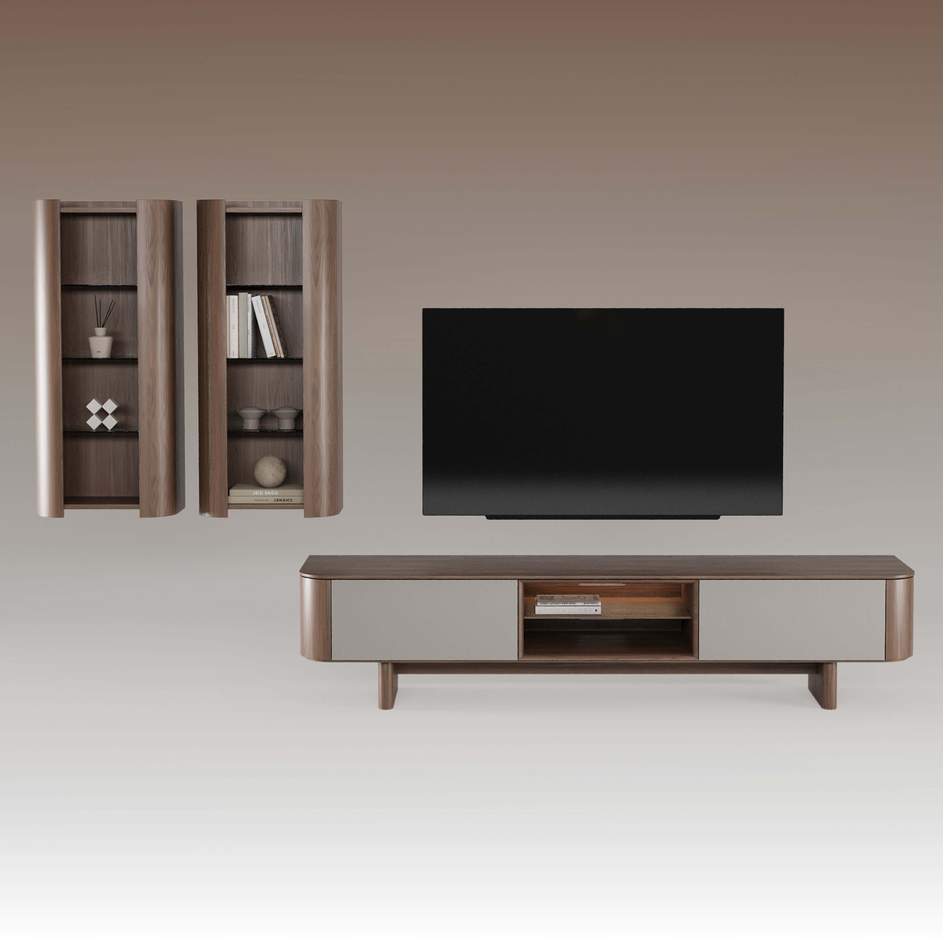 Homes TV Unit Contemporary Furniture crafted in warm wood with softly curved edges, two sleek lacquered doors, and an open centre shelf for media components. contemporary piece combining clean design and everyday functionality.