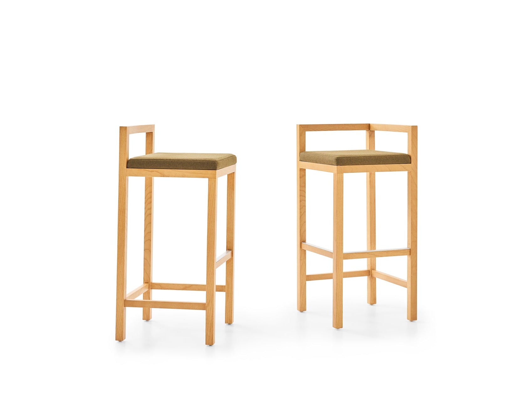 Two wooden bar stools with cushioned seats on a white background