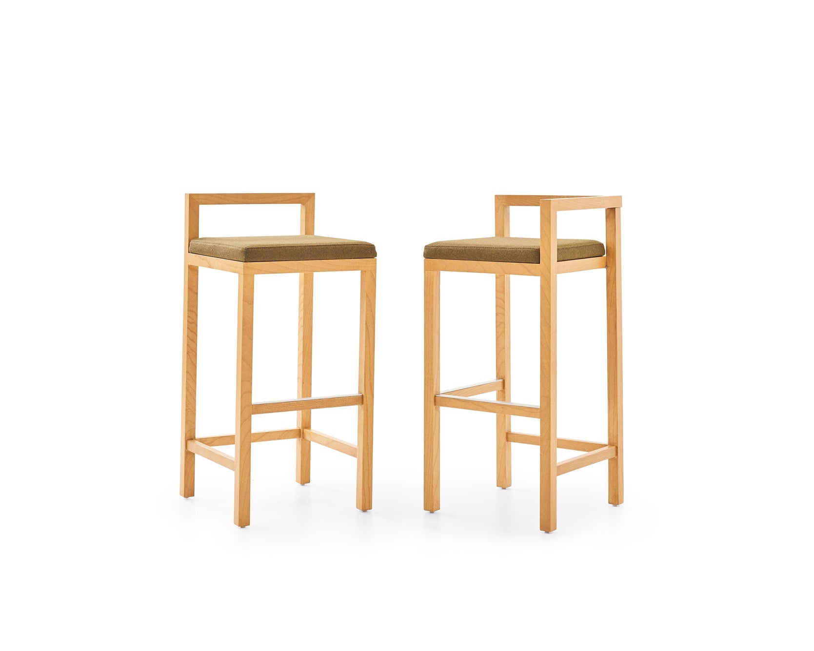 Two wooden bar stools with cushioned seats on a white background