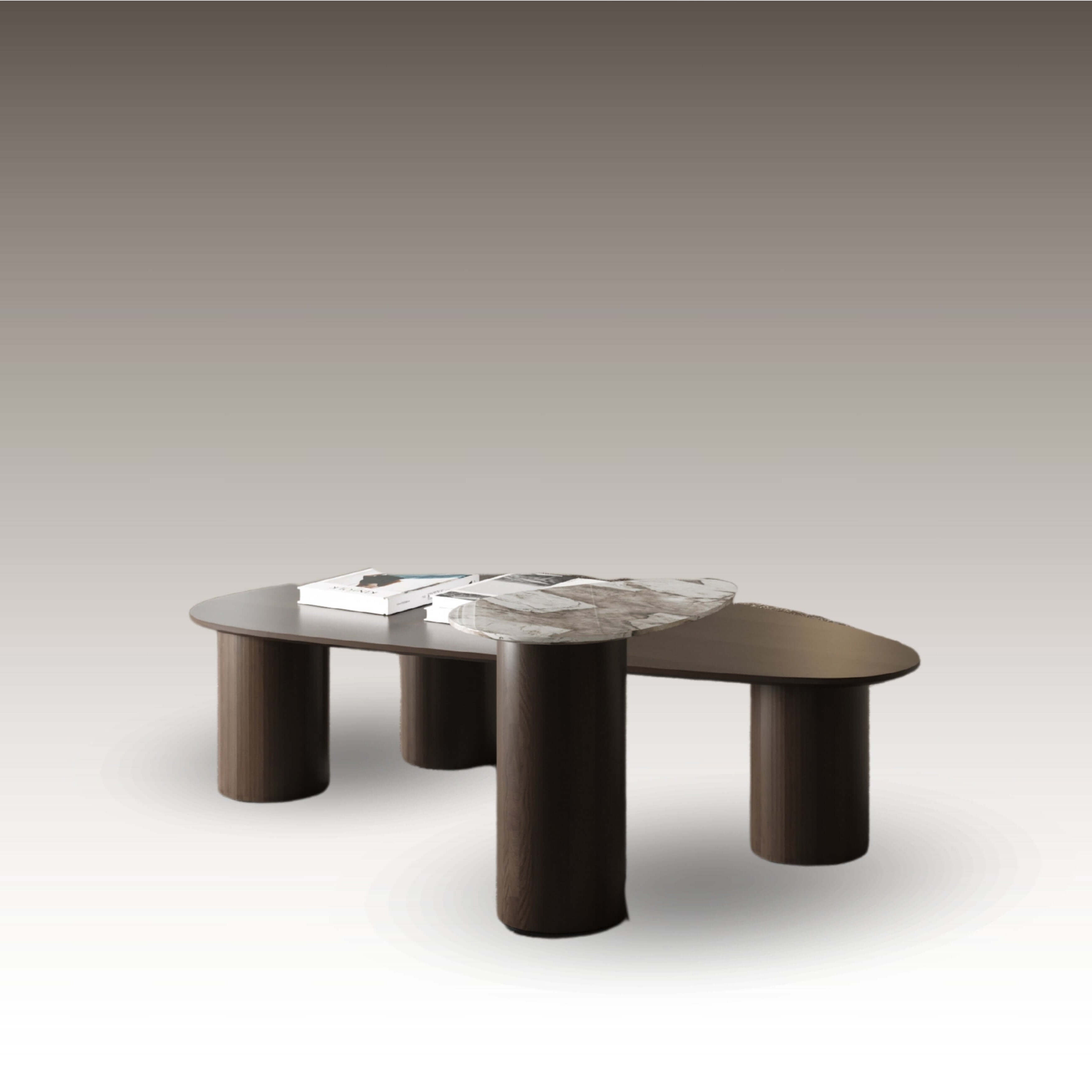 Modern Gamma Coffee Table Set – wood central table with two matching ceramic-top side tables CANAPY FURNITURE