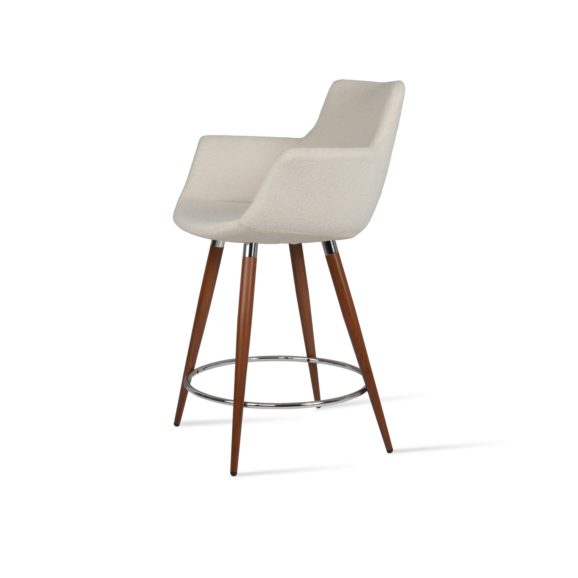 White bar stool with wooden legs on a white background
