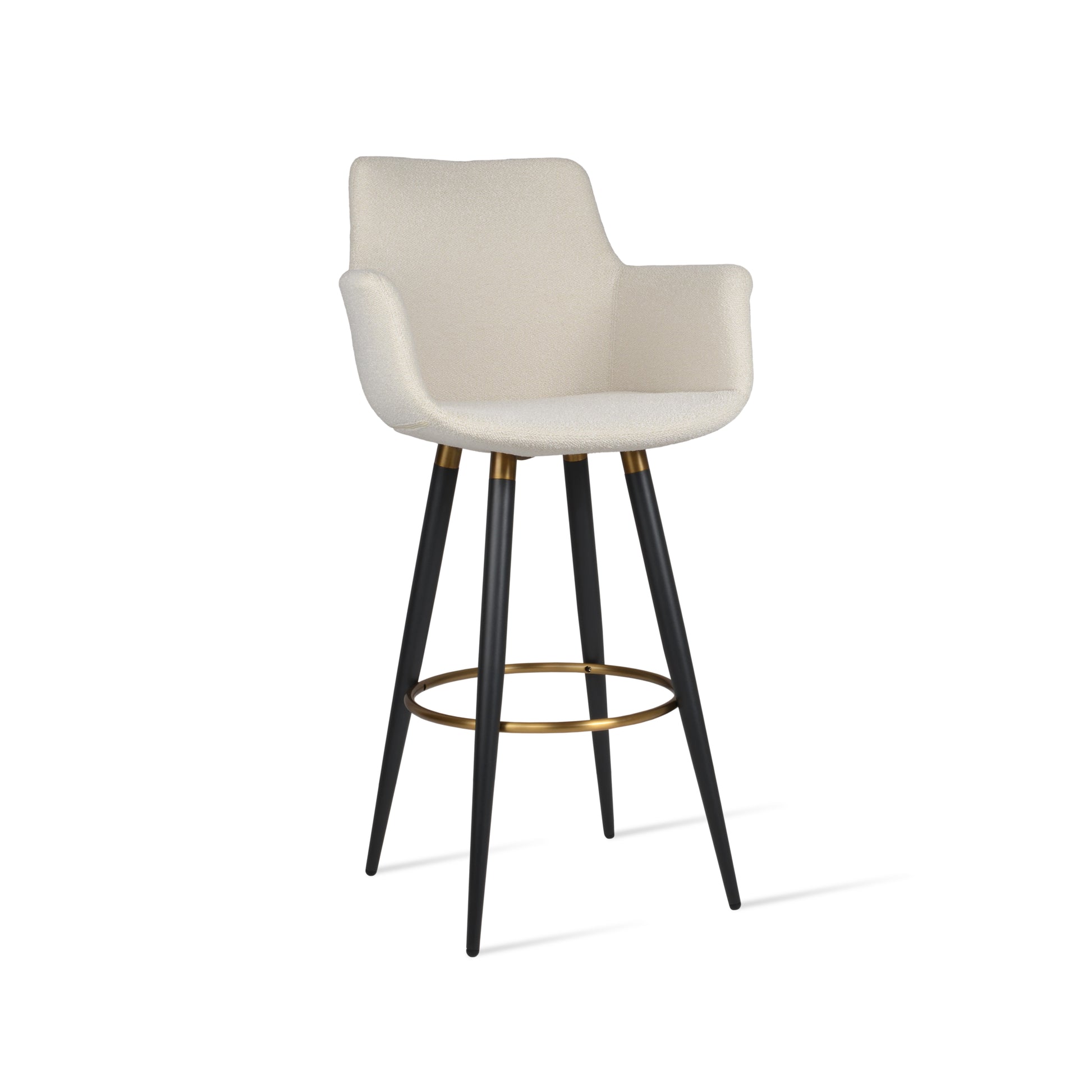 Beige bar stool with black legs and gold ring on a white background