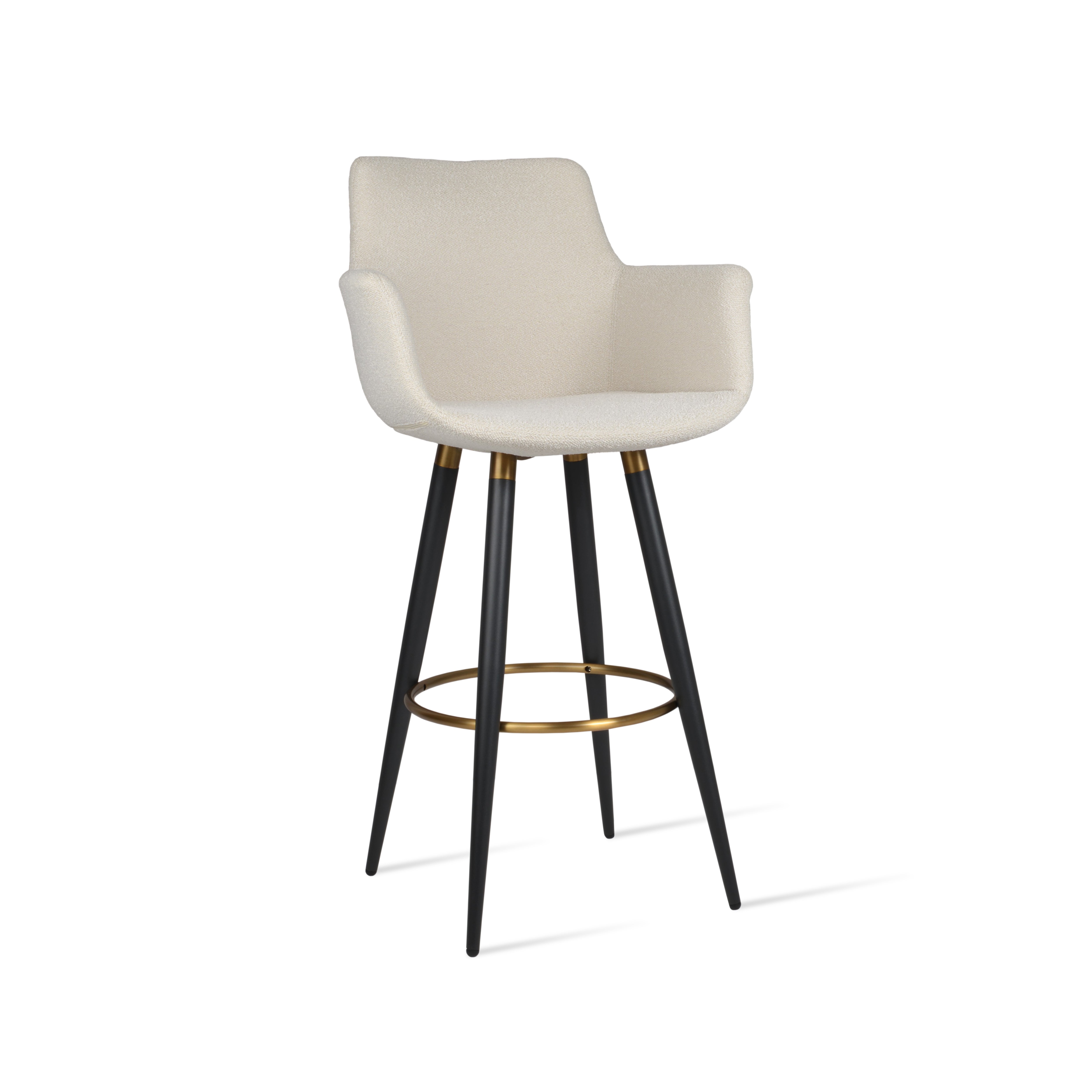 Beige bar stool with black legs and gold ring on a white background